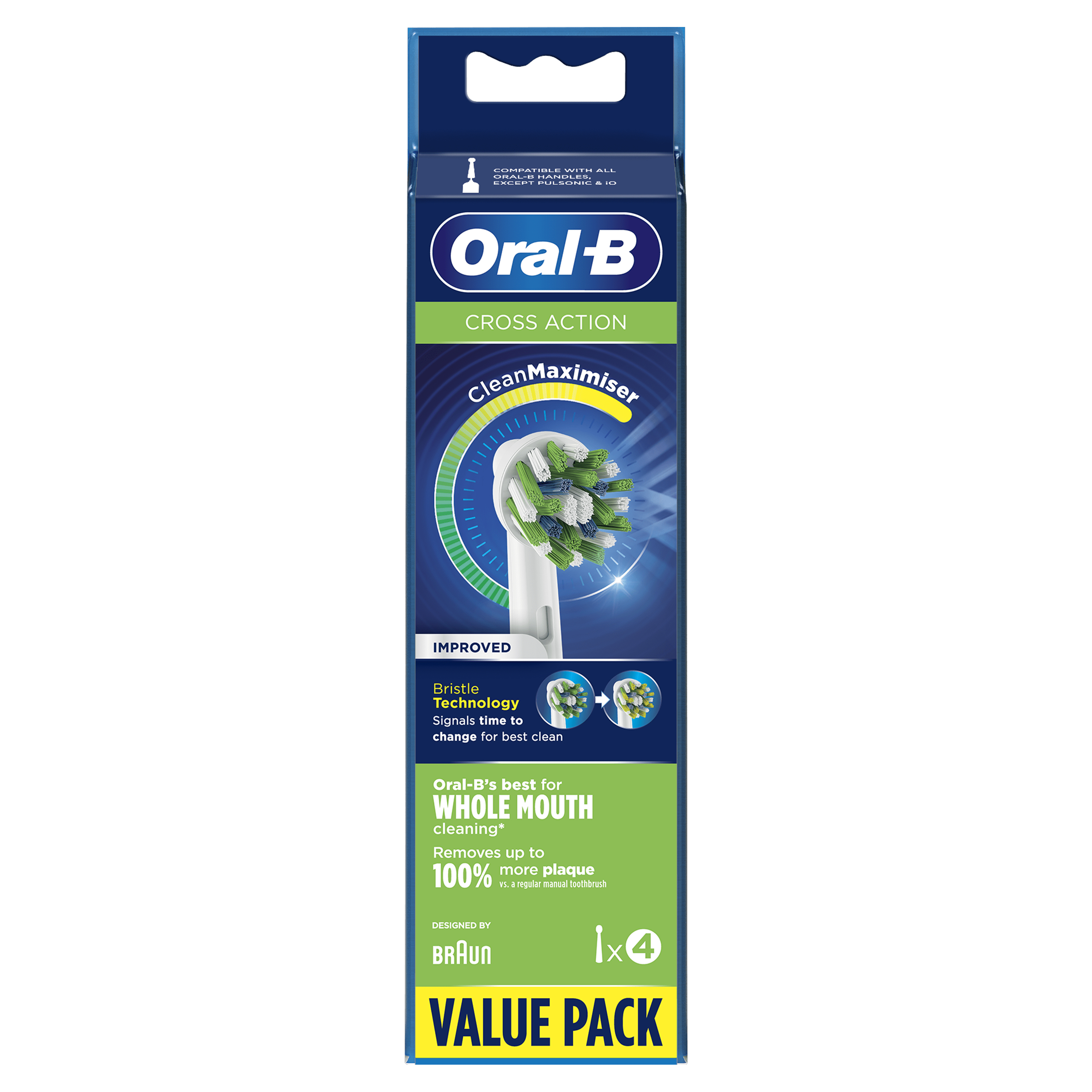 Testine per spazzolino Oral-B CrossAction in confezione convenienza. Design verde, bianco e blu.