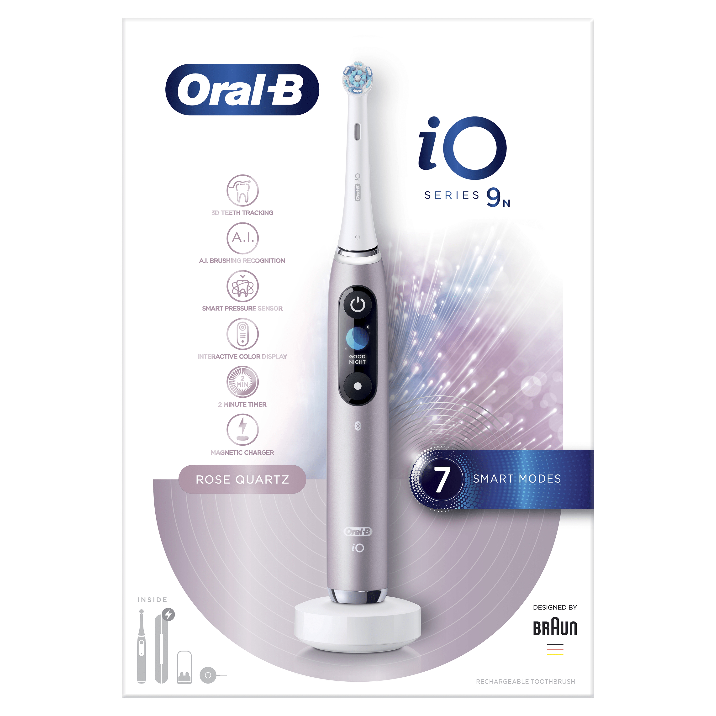 Szczoteczka elektryczna Oral-B iO Series 9N w kolorze różowego kwarcu, z funkcją śledzenia 3D i trybami smart.