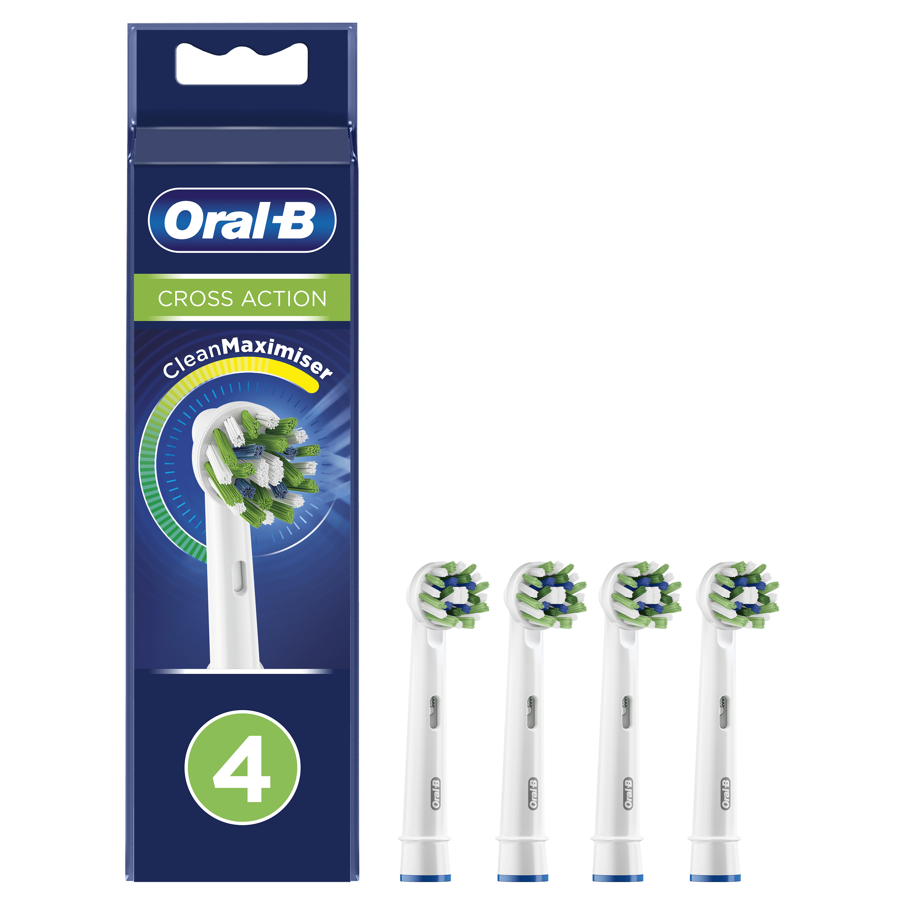 Quattro testine per spazzolino Oral-B in una scatola, con il logo e i dettagli del prodotto.