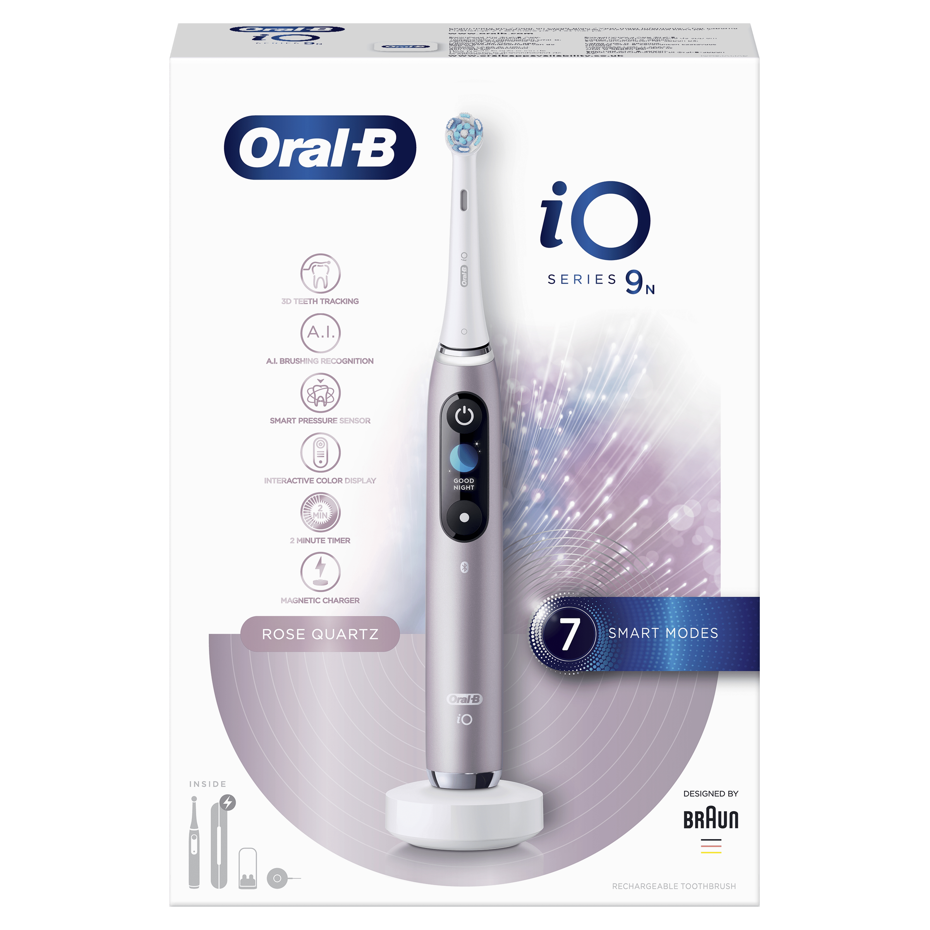 Elektryczna szczoteczka do zębów Oral-B iO Series 9N Rose Quartz w opakowaniu.