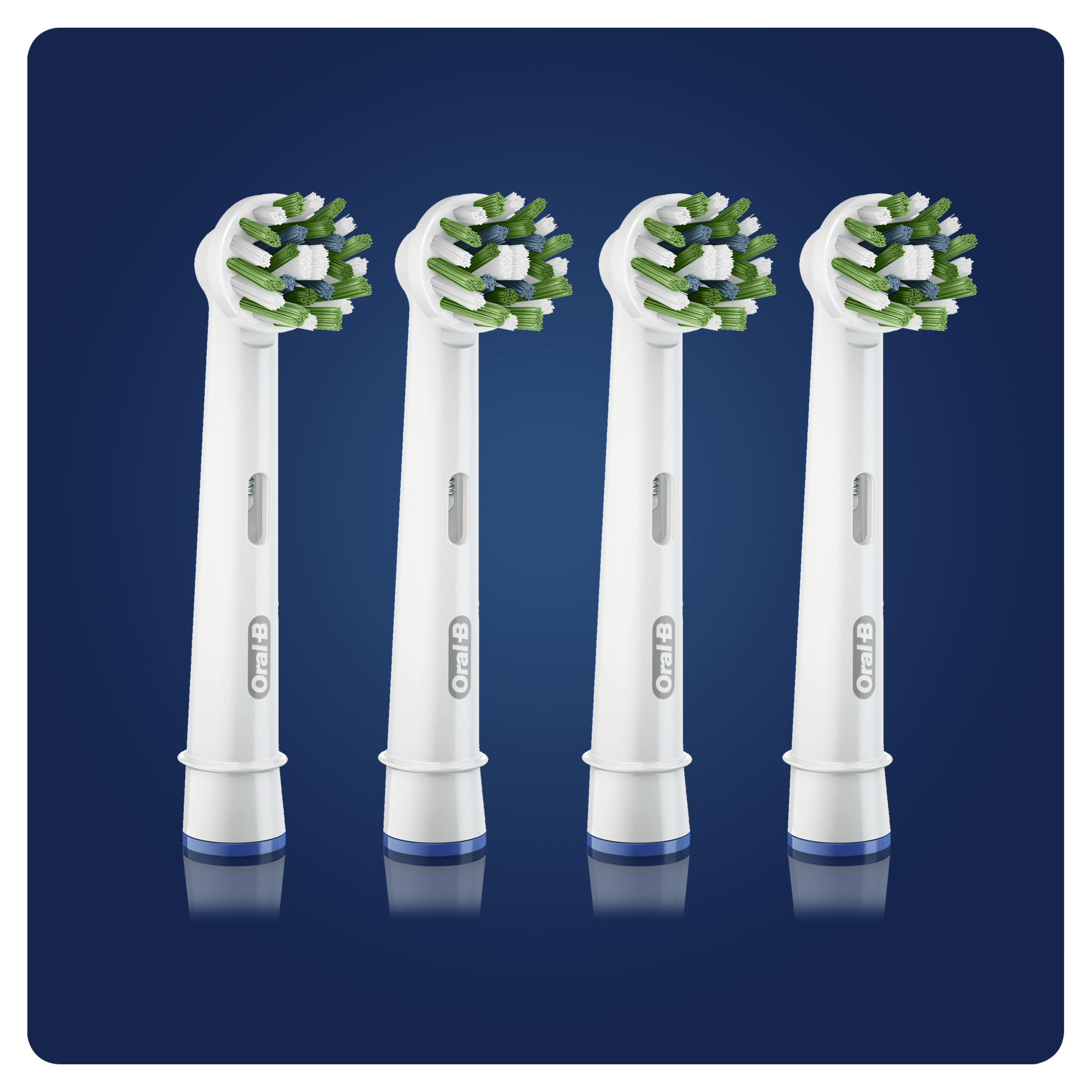 Quattro testine Oral-B con setole verdi e bianche, su sfondo blu.