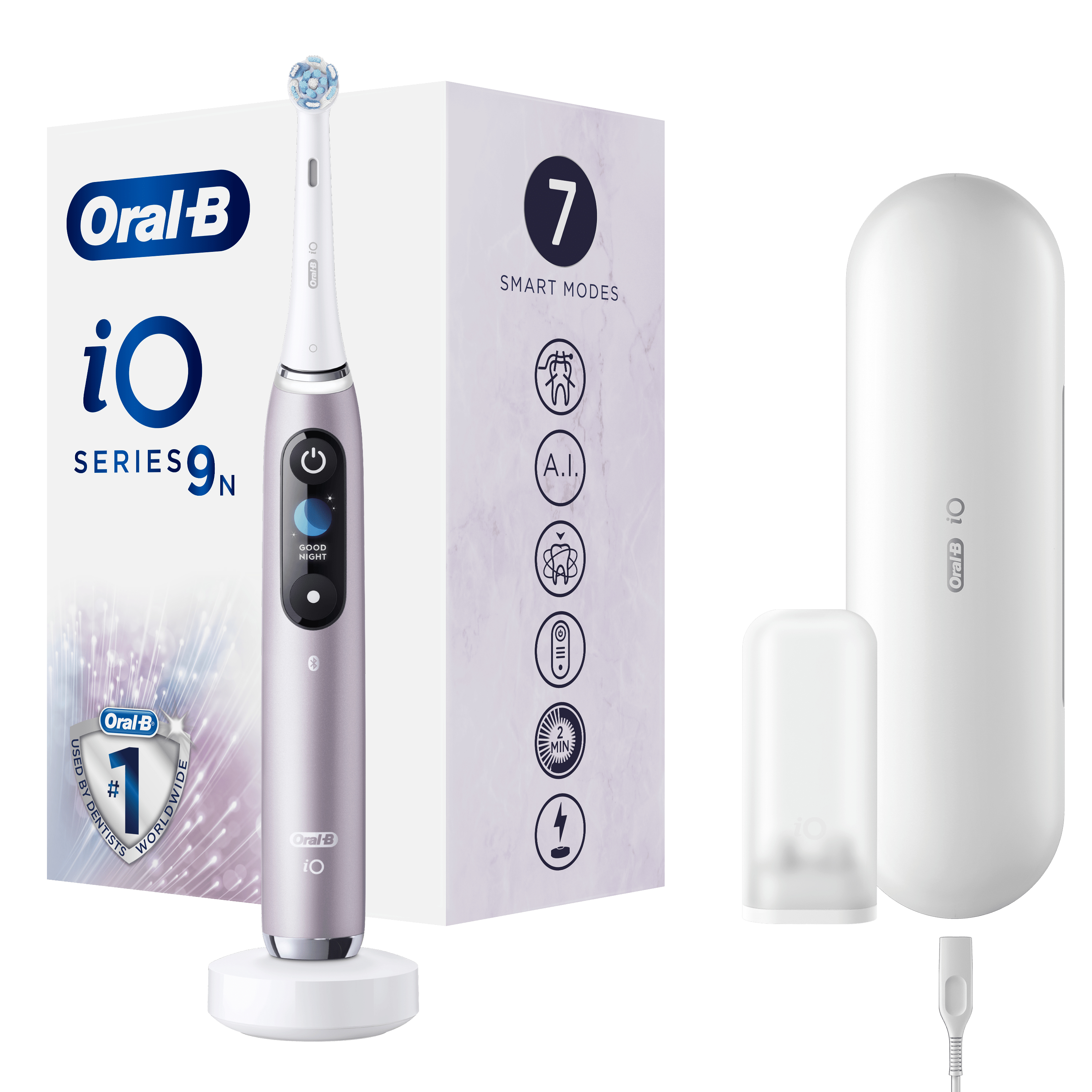 Szczoteczka elektryczna Oral-B iO Series 9N z pudełkiem i akcesoriami.