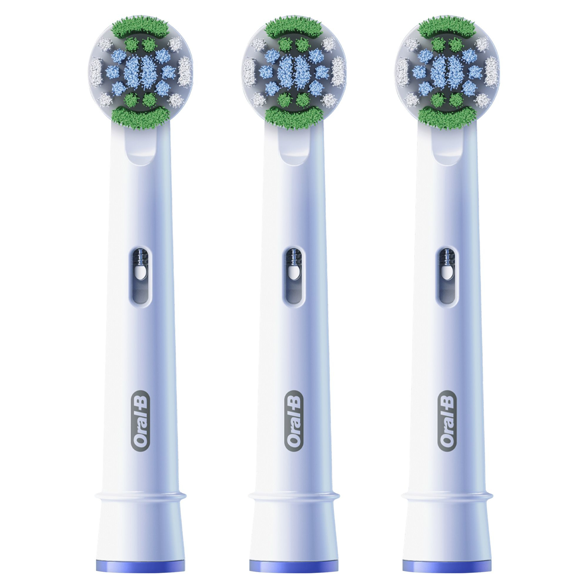 Drei weiße Zahnbürstenköpfe mit blauen und grünen Borsten. Die Marke 'Oral B' ist sichtbar. Der Hintergrund ist weiß.