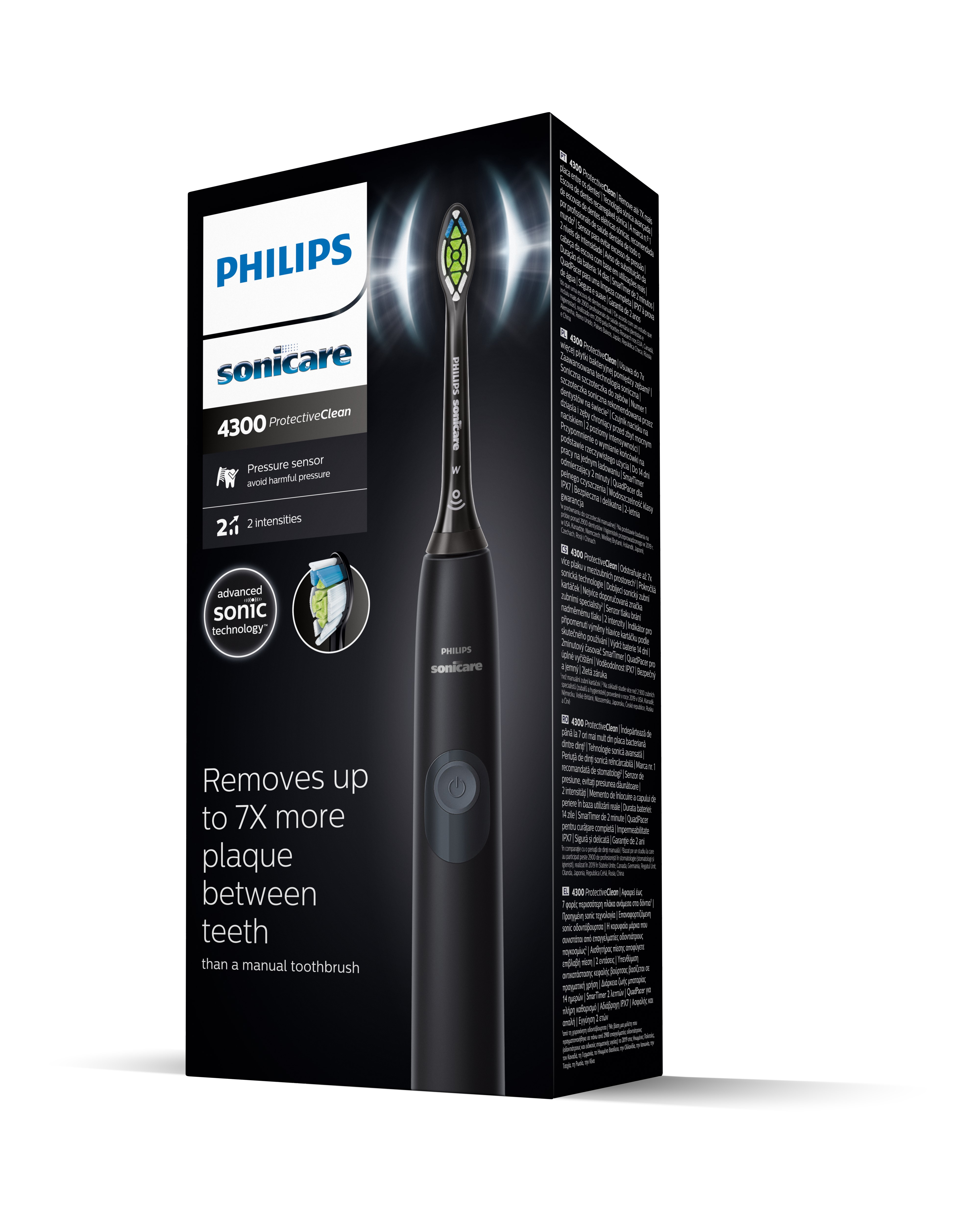 Caja de cepillo dental eléctrico Philips Sonicare. Cepillo negro e info.