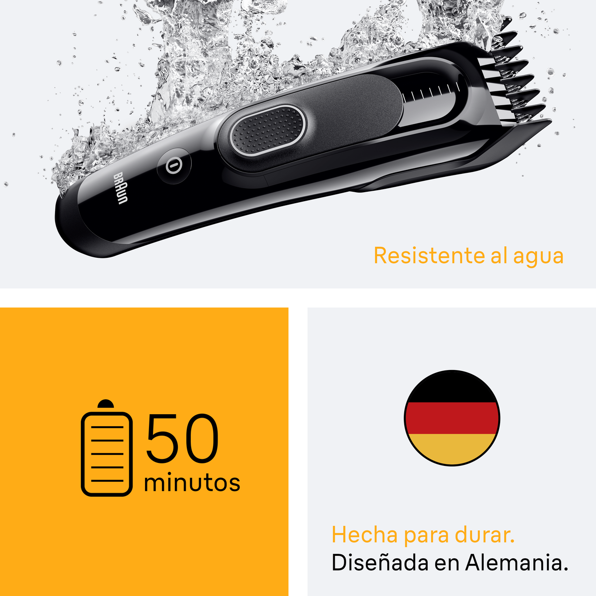 Rasoio elettrico nero con spruzzi d'acqua. Testo: "Resistente al agua".
