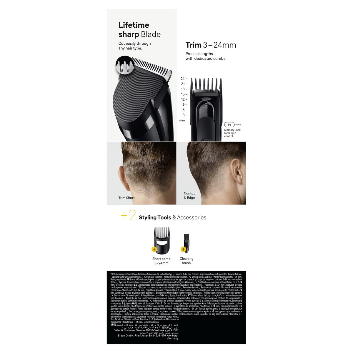 Diagramma di un regolabarba con varie opzioni di taglio, inclusi strumenti e accessori per lo styling.