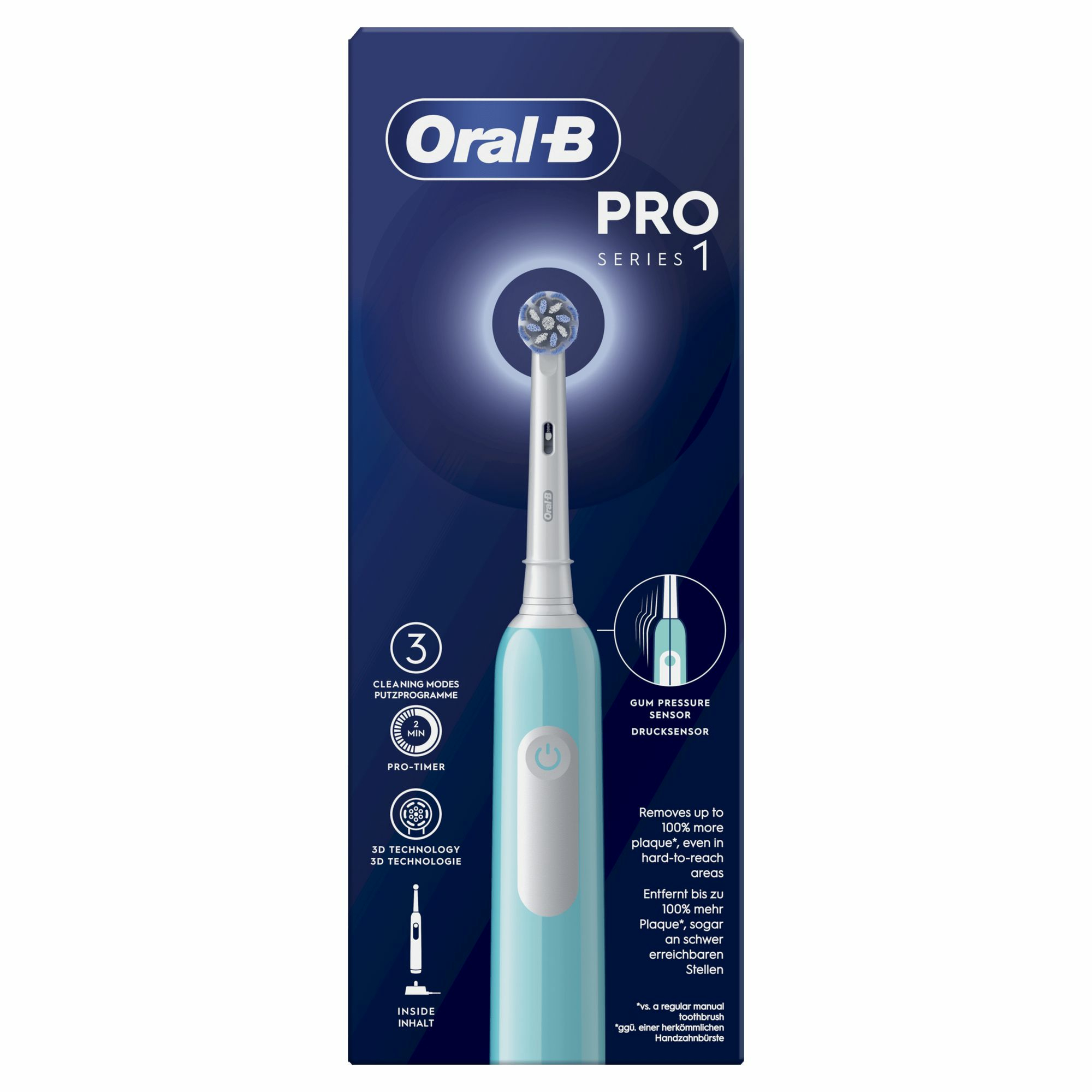 Szczoteczka elektryczna Oral-B Pro Series 1 w pudełku. Ma jasnoniebieski uchwyt i okrągłą główkę szczoteczki.