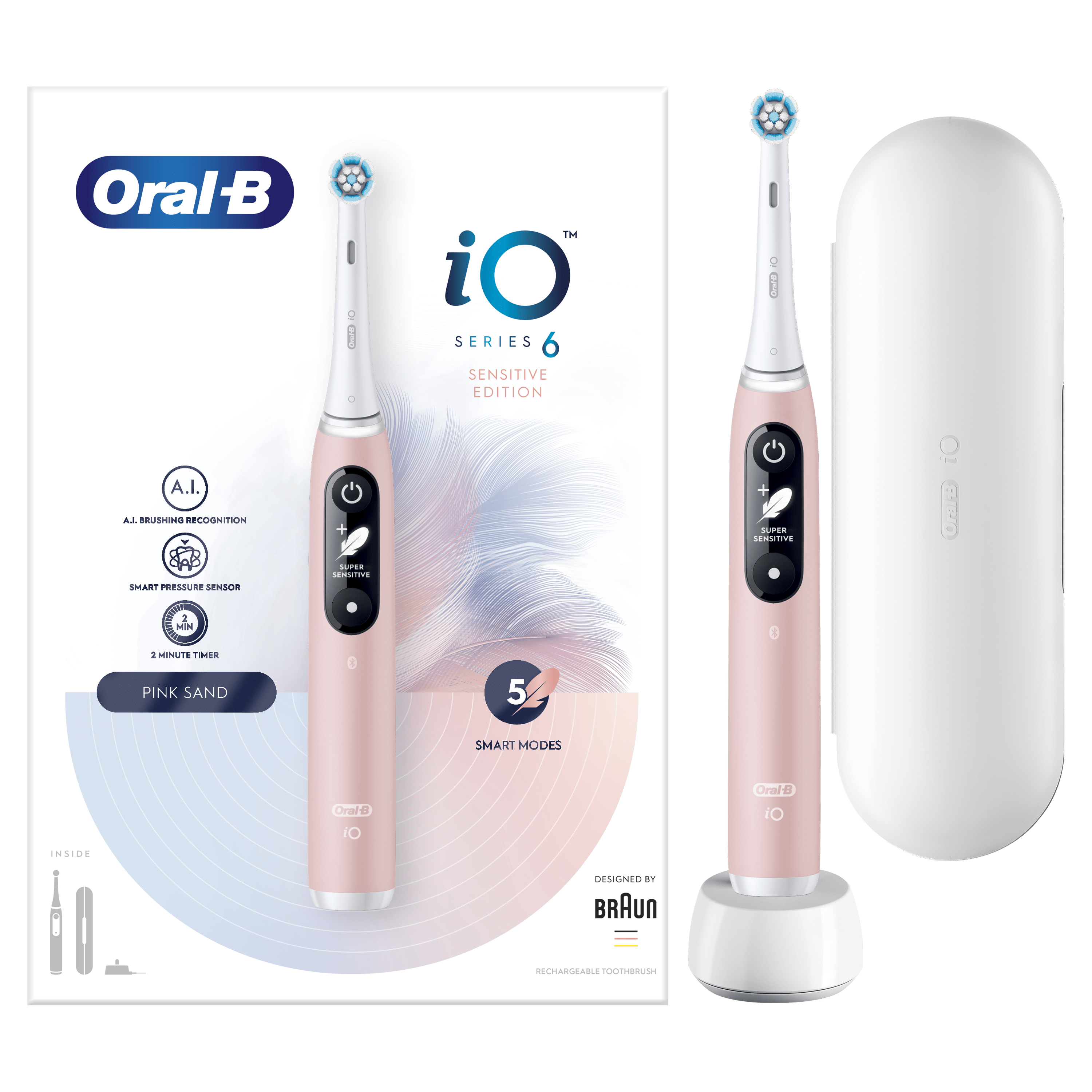 Roze Oral-B iO Series 6 tandenborstel, doos en accessoires. Op witte achtergrond.