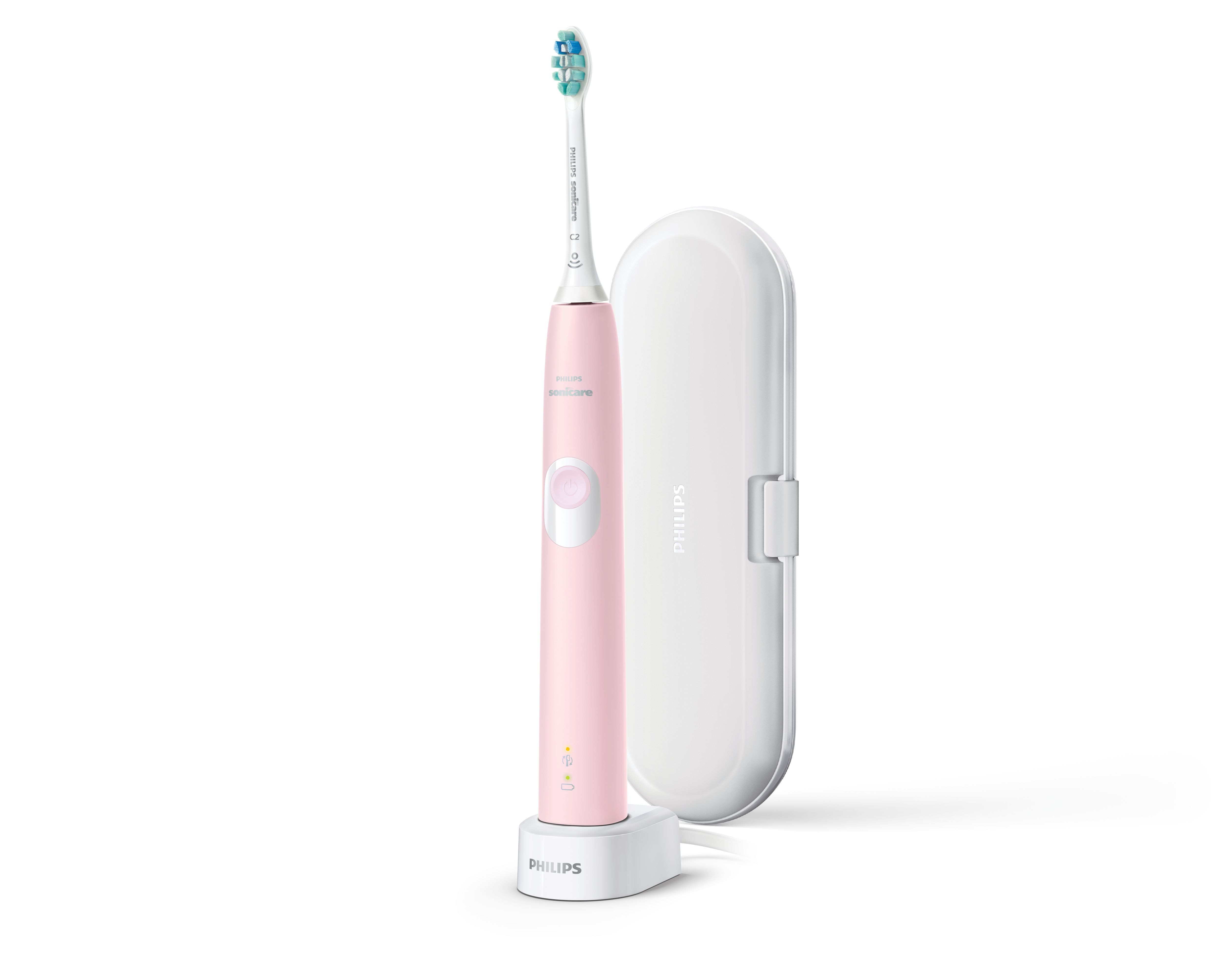 Spazzolino elettrico Philips Sonicare rosa con base di ricarica e custodia da viaggio bianca.
