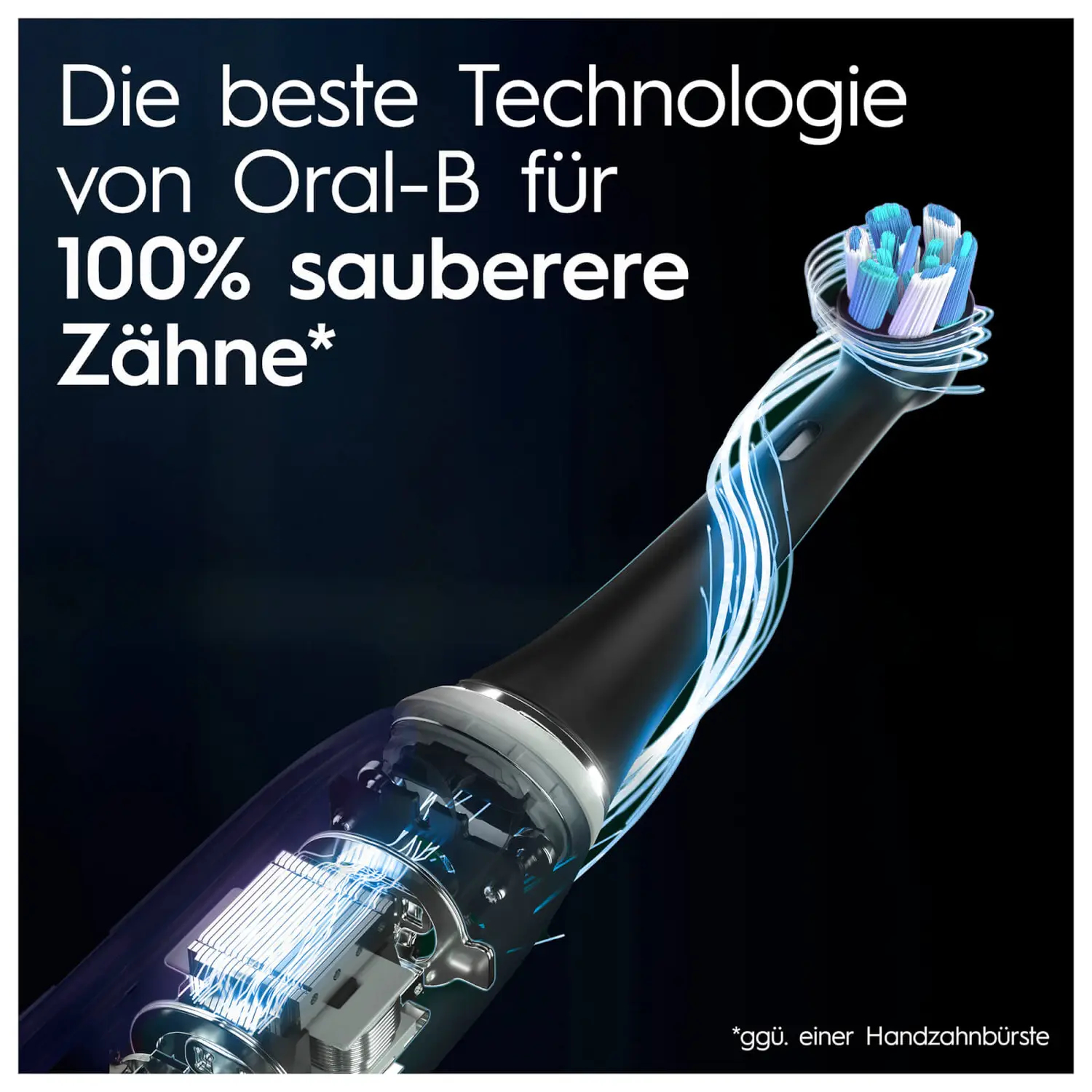 Nahaufnahme einer schwarzen und silbernen elektrischen Zahnbürste mit blauem Lichteffekt und Text.