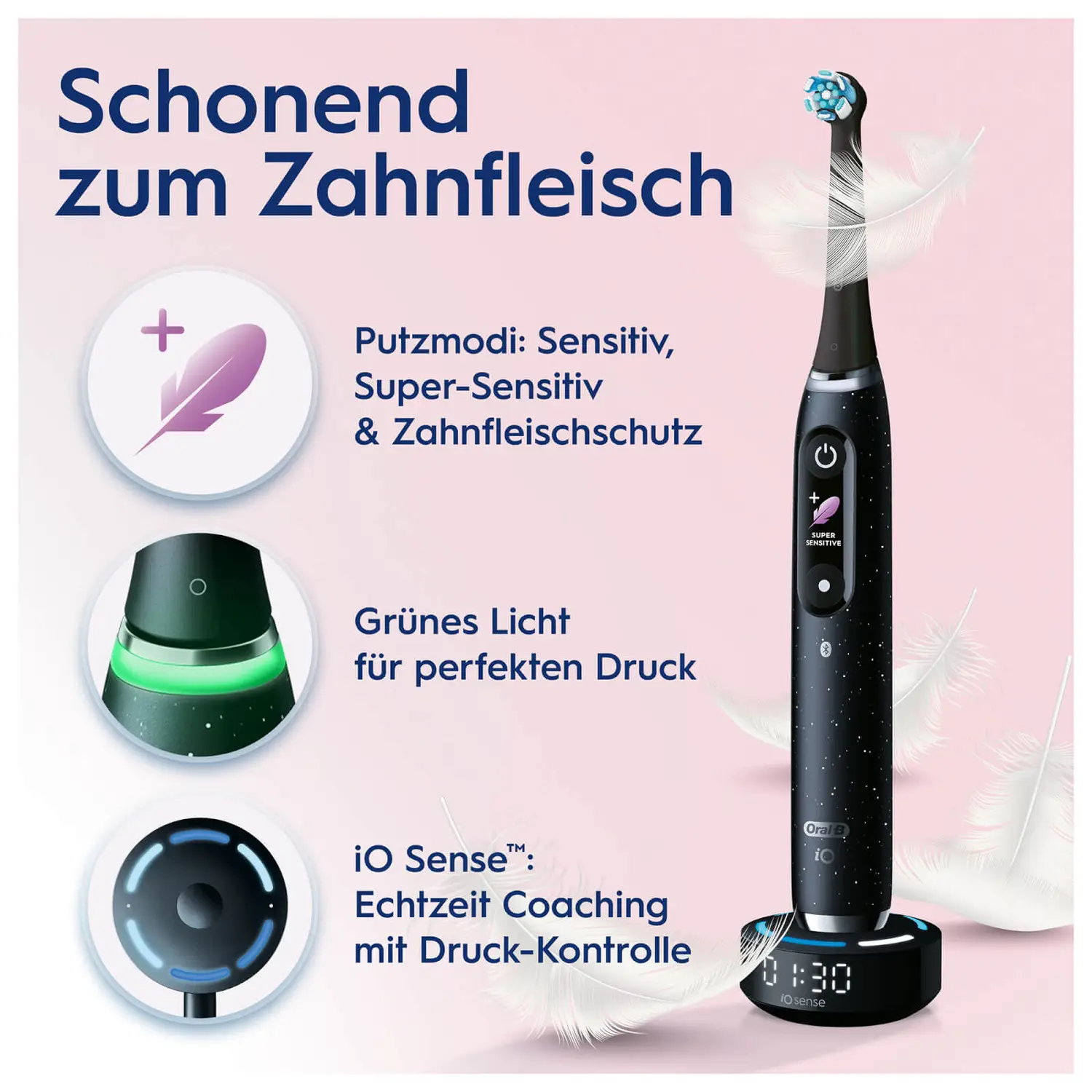 Elektrische Zahnbürste mit Ladestation, Federn und Text auf weißem Grund.