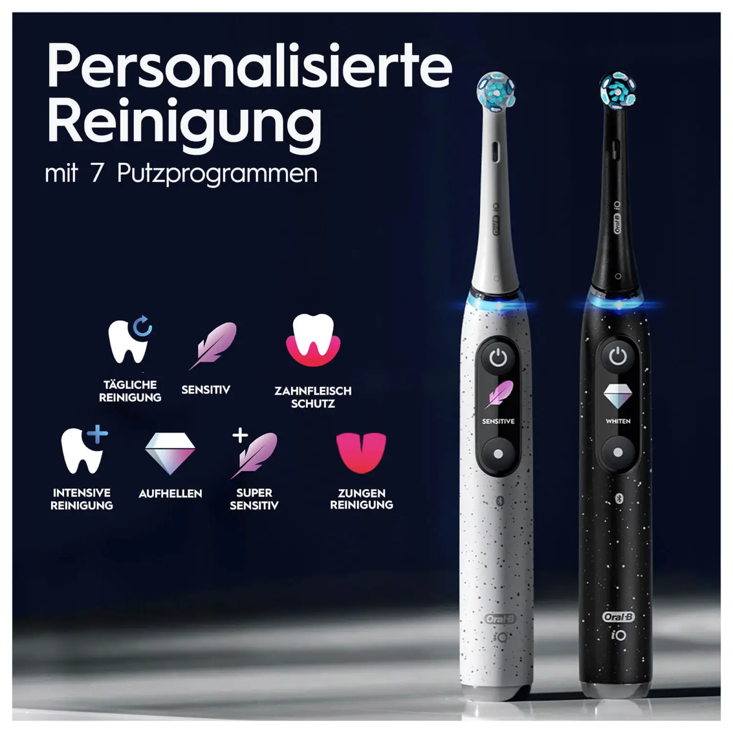Zwei elektrische Zahnbürsten Oral-B iO. Weiß und Schwarz. Weißer HG.