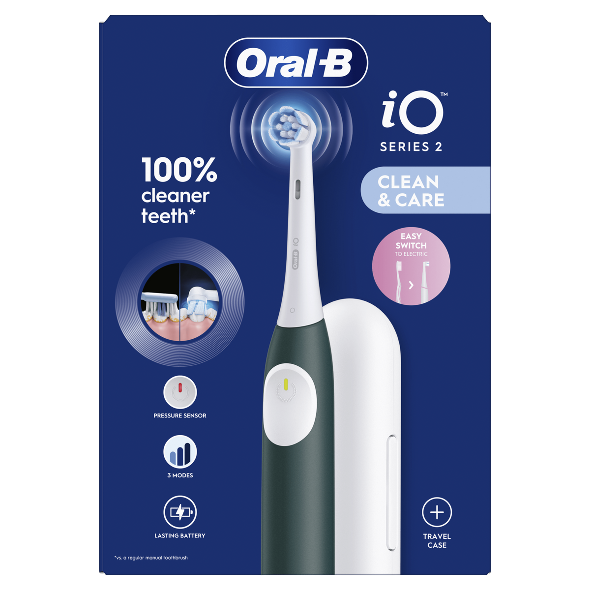 Szczoteczka elektryczna Oral-B iO Series 2 w kolorze niebieskim i zielonym. W zestawie pudełko i etui podróżne.