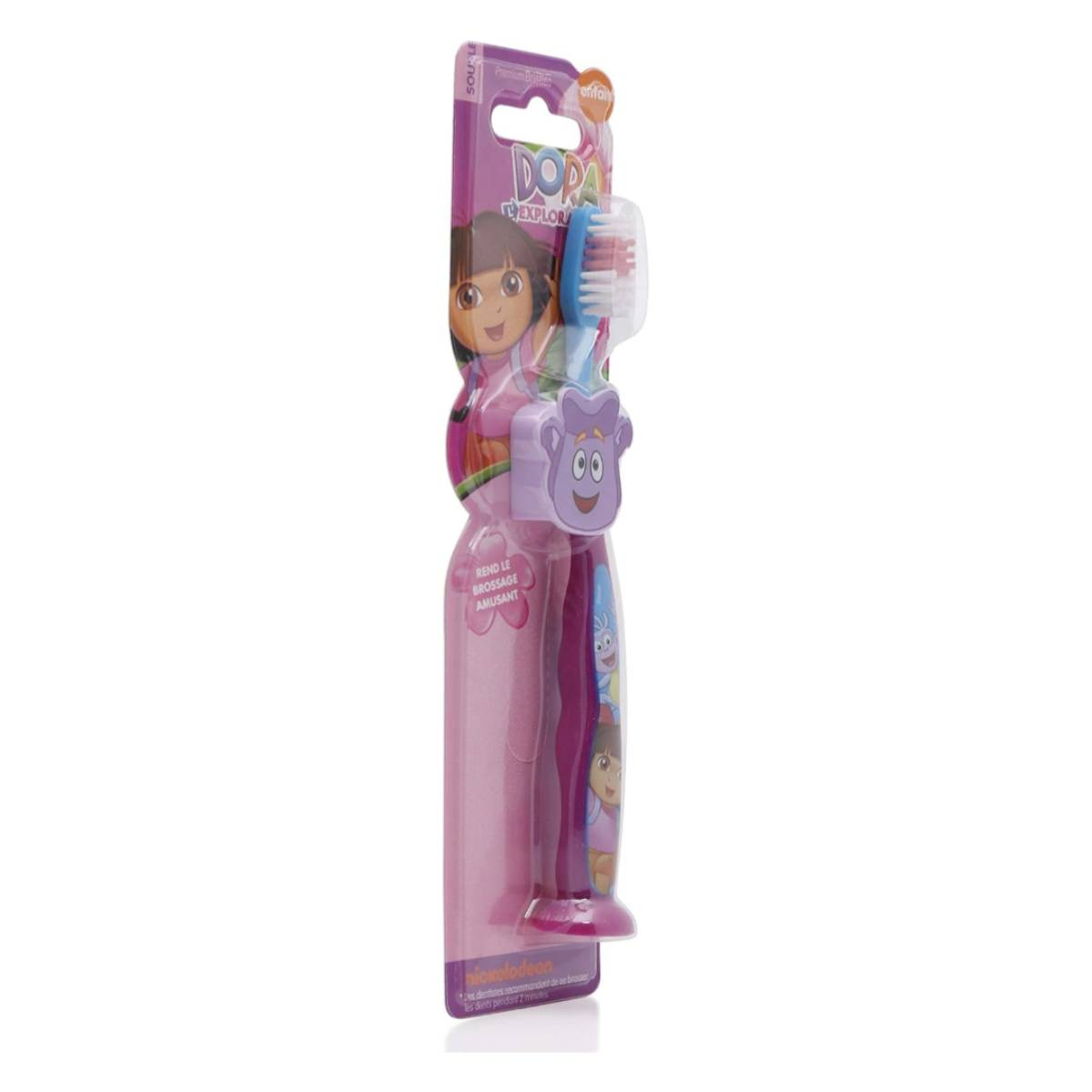 Spazzolino rosa di Dora l'Esploratrice in una confezione, con l'immagine di Dora.