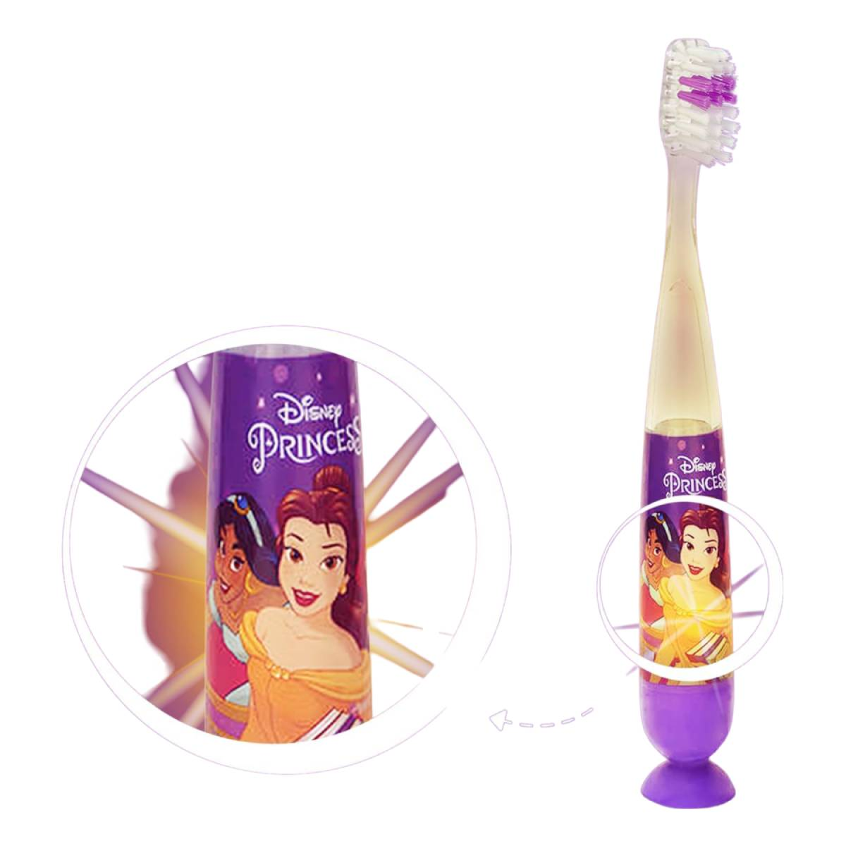 Spazzolino viola Disney Princess per bambini con personaggi. Primo piano del manico.