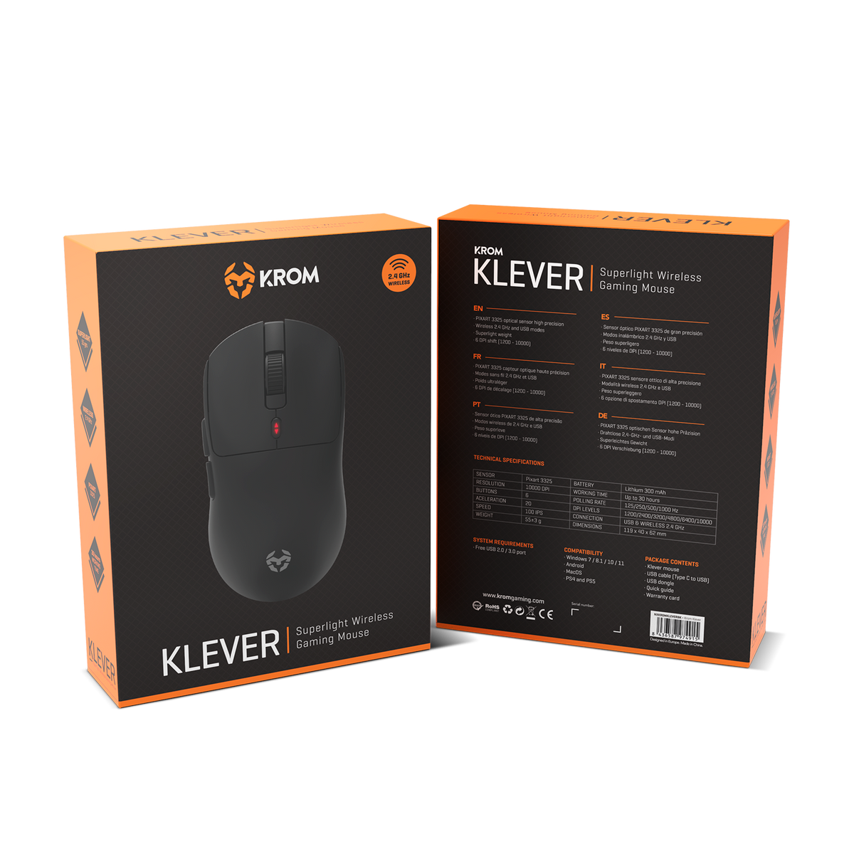 KLEVER gaming muisdoos, met een zwarte muis. Doos toont kenmerken en specificaties. Witte achtergrond.