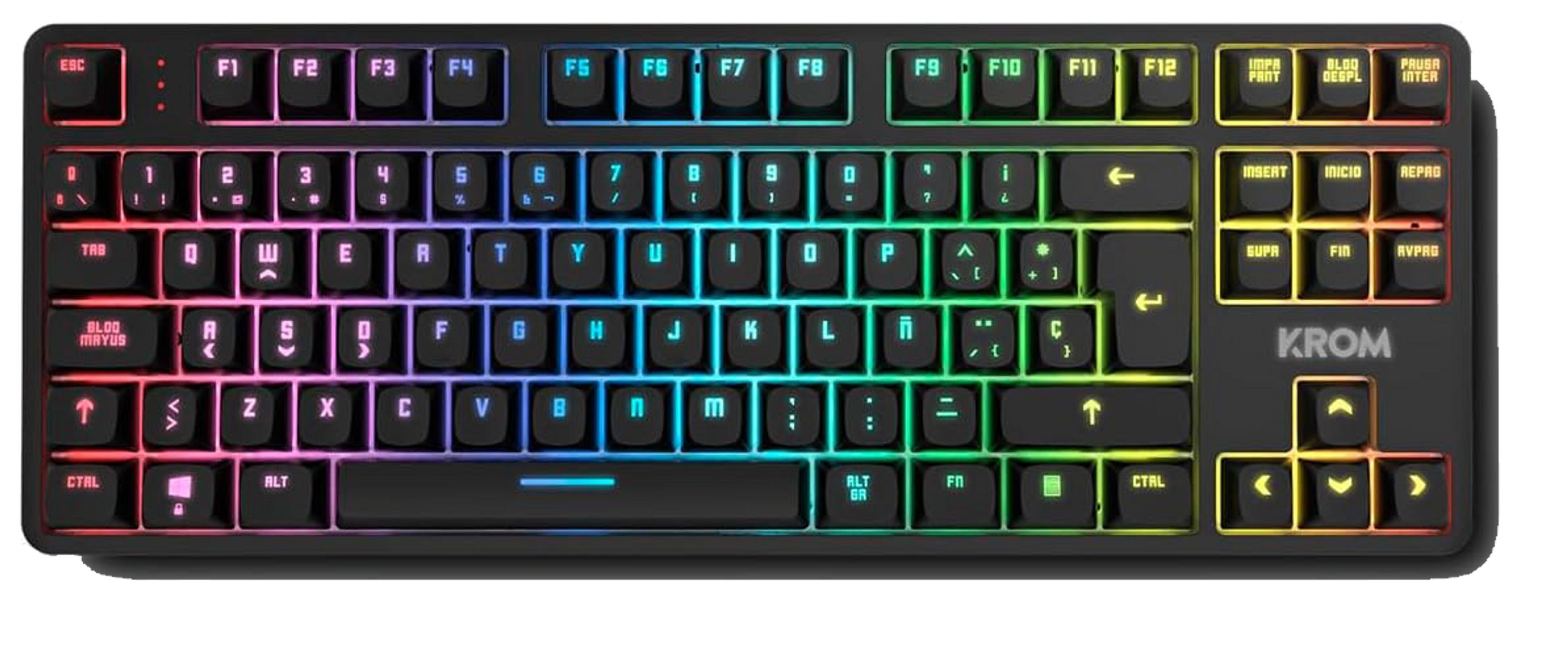 Tastiera nera con tasti retroilluminati arcobaleno, layout standard e logo KROM a destra.