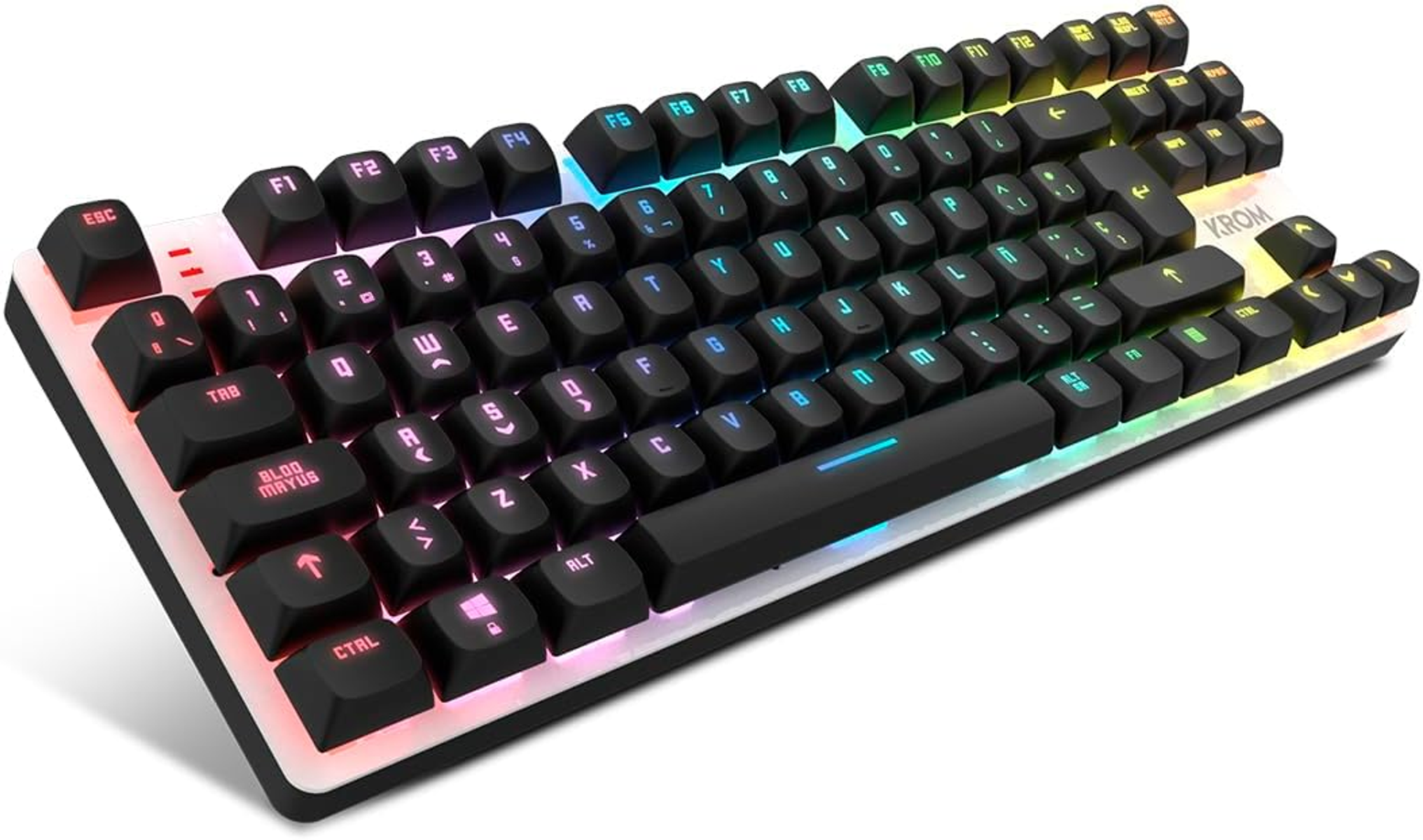 Una tastiera in bianco e nero con tasti colorati e retroilluminazione.