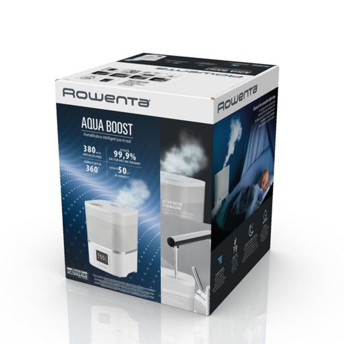 Pudełko nawilżacza Rowenta Aqua Boost, pokazujące produkt i jego funkcje.