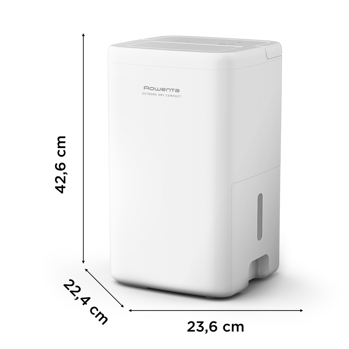 Deumidificatore bianco con dimensioni. Forma rettangolare, serbatoio acqua.