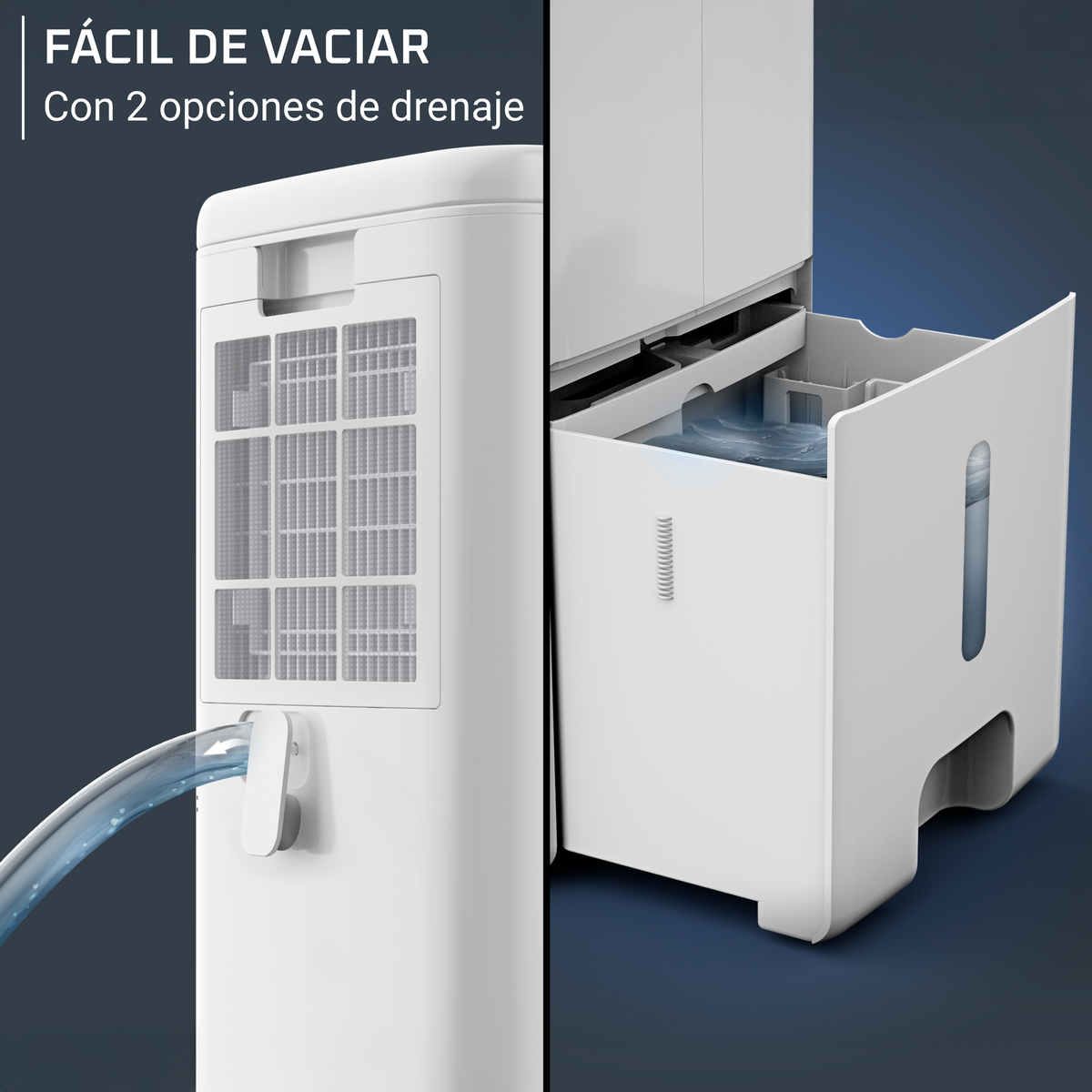 Deumidificatore bianco con un tubo che scarica l'acqua in un contenitore. Sfondo blu.