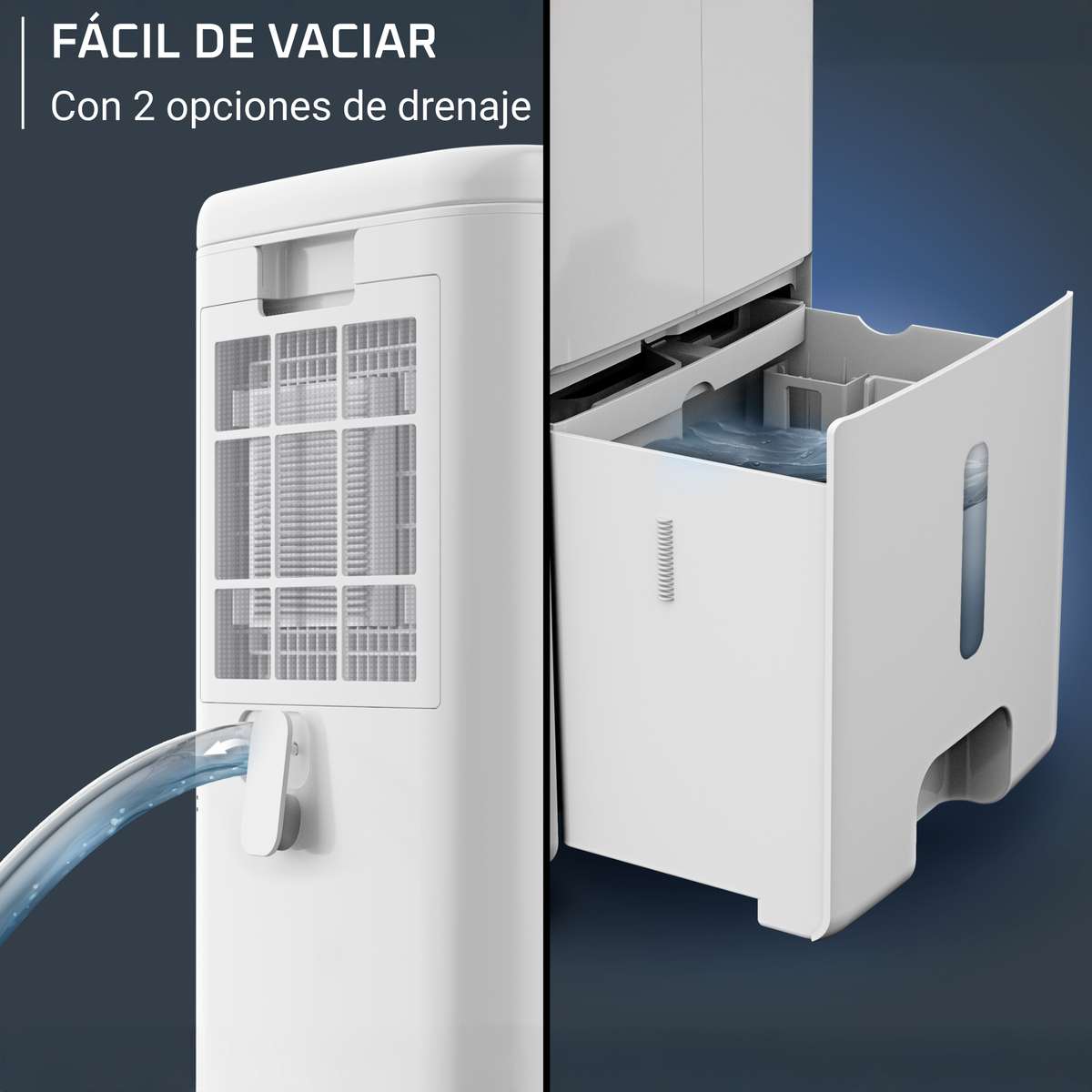 Deumidificatore bianco con serbatoio dell'acqua. Il testo "Fácil de vaciar" è visibile, con flusso d'acqua blu.