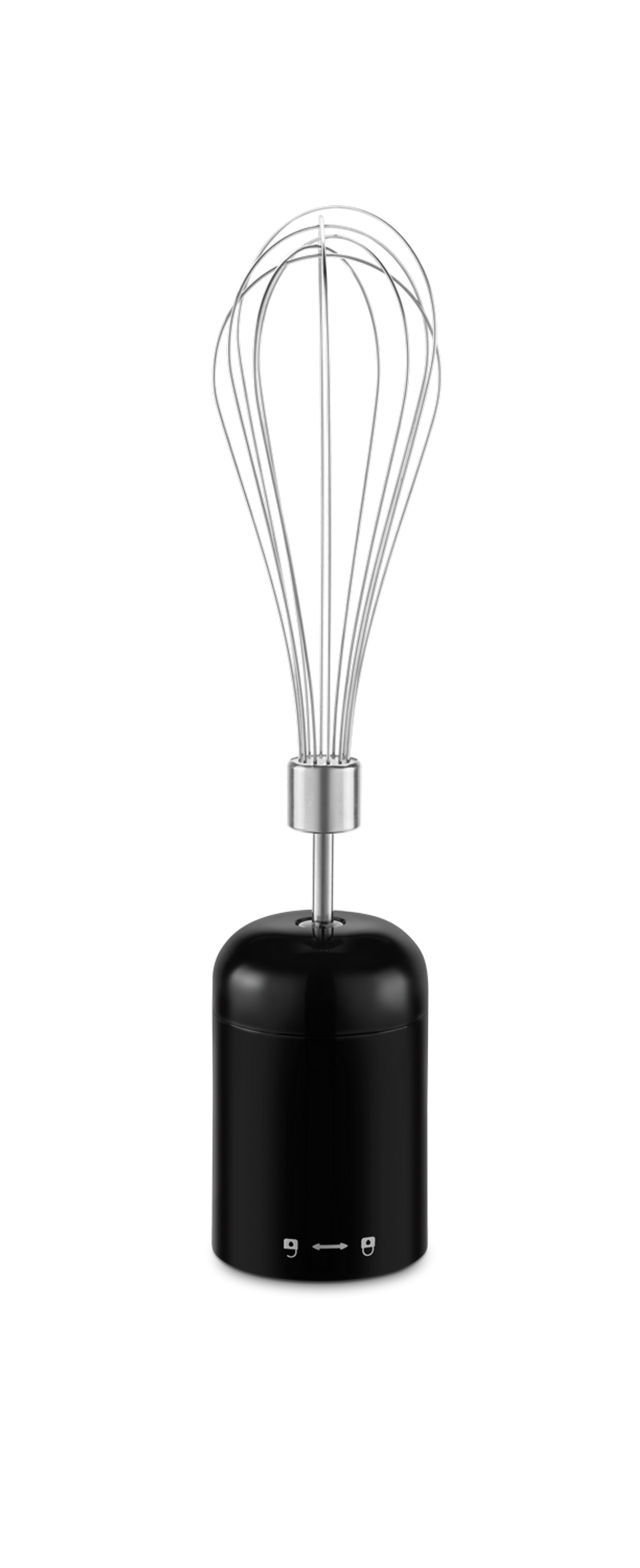 Frullatore a immersione nero con frusta in acciaio inox. Sfondo nero.