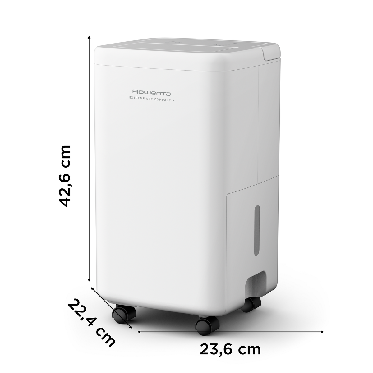 Deumidificatore Rowenta Extreme Dry Compact bianco, con dimensioni. Ruote nere visibili.