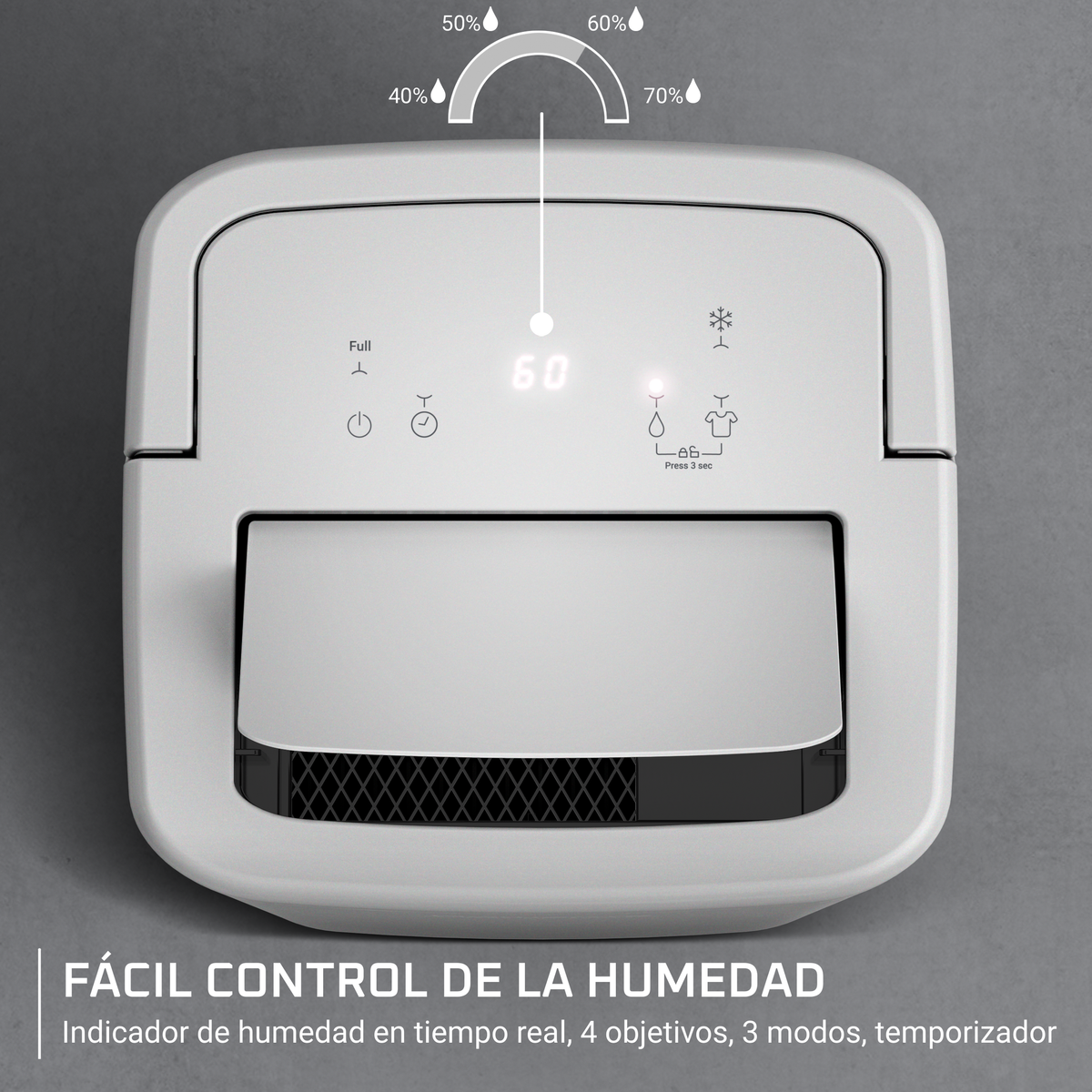Deumidificatore bianco con pannello di controllo e display. Sfondo grigio. Testo in spagnolo.