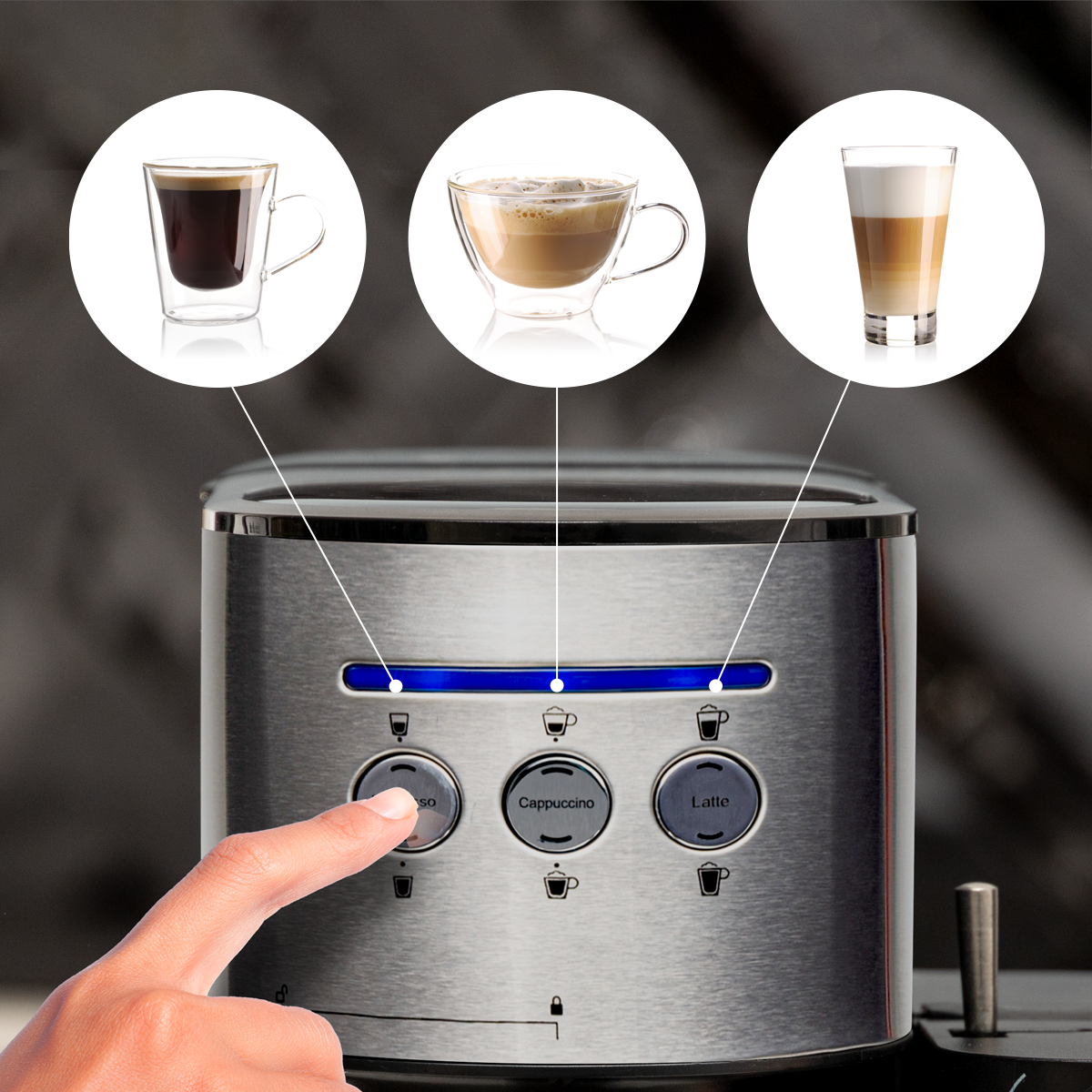 Espresso machine with three coffee choices selected. A finger presses a button.