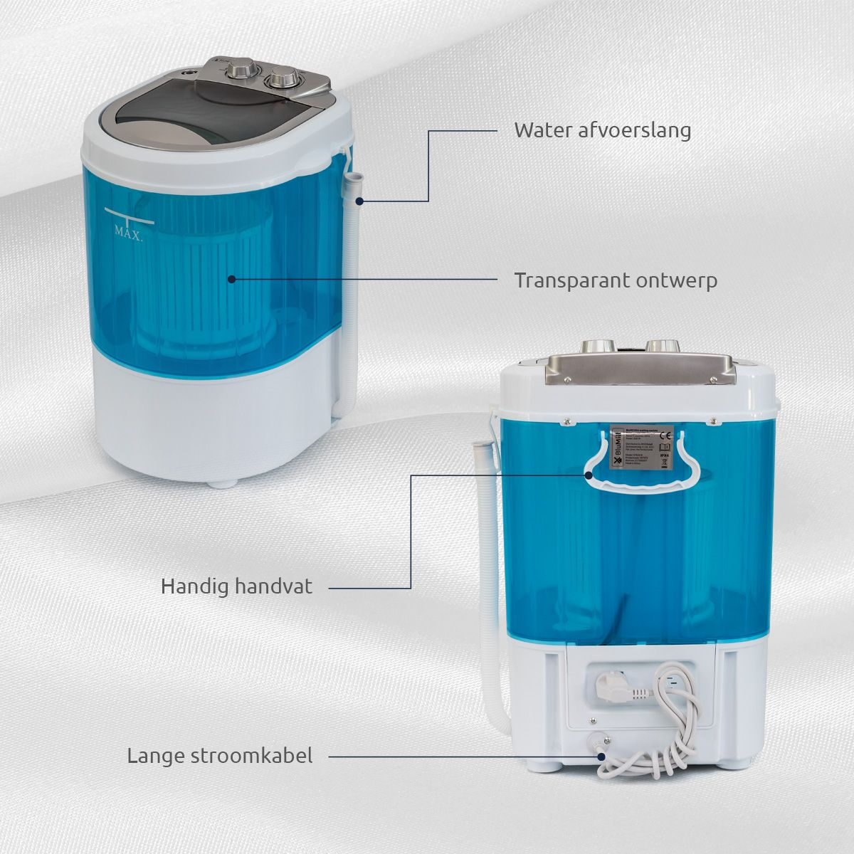 Een wit en blauw draagbaar wasmachine met labels die wijzen op functies zoals handvat en waterslang.
