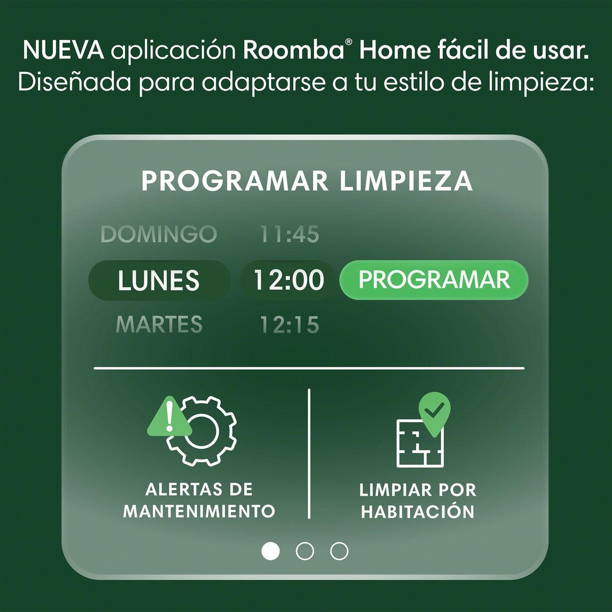 Interfejs aplikacji Roomba pokazuje ustawienia harmonogramu sprzątania: Poniedziałek 12:00 (wybrane). Zielone tło.