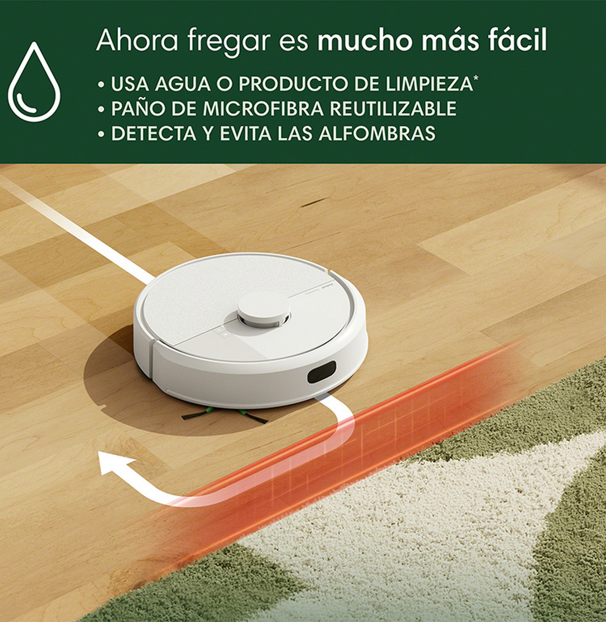 Un aspirateur robot sur un plancher en bois. Texte à gauche, une ligne rouge indiquant un tapis.