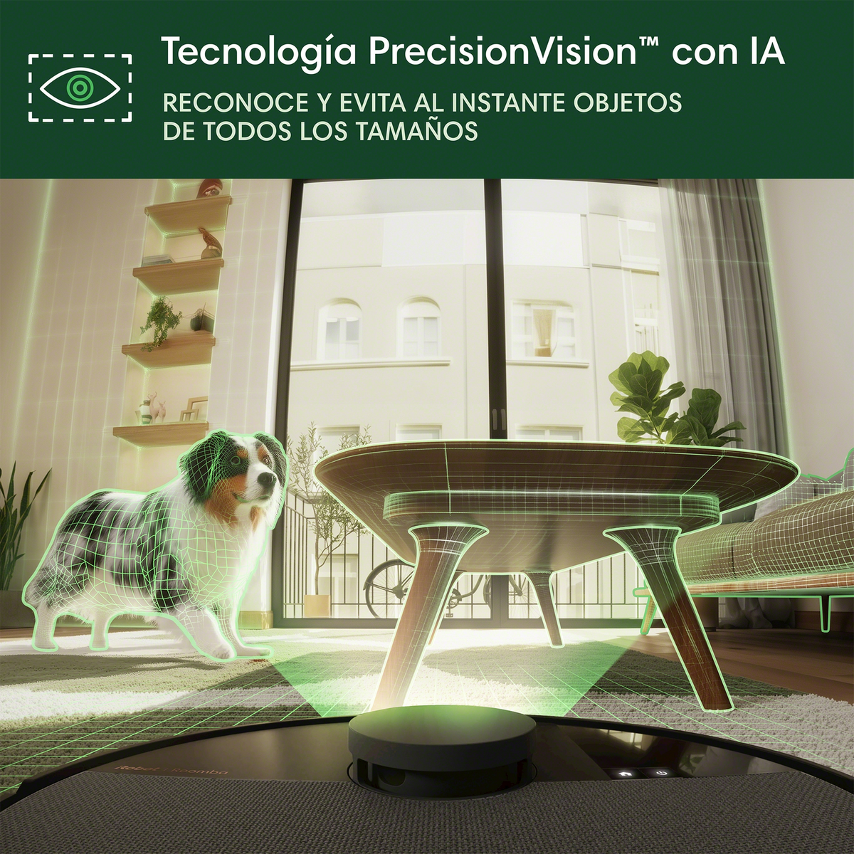 Robot sprzątający odkurza pokój. Pies obrysowany na zielono. Tekst: Technologia PrecisionVision.