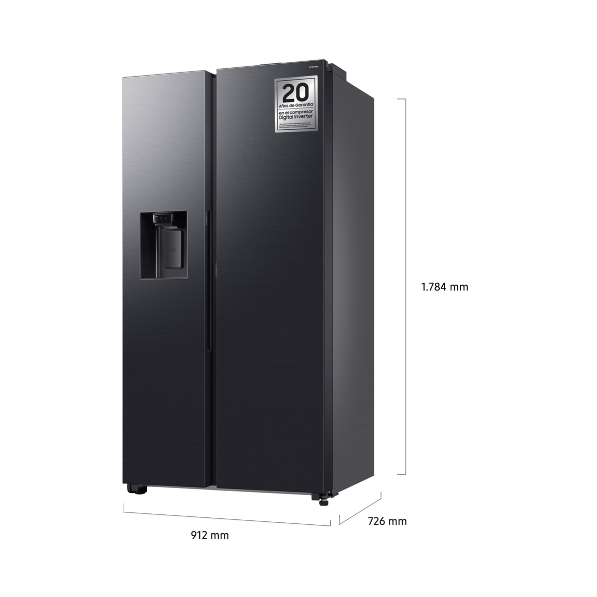 Refrigerador Samsung negro. Con dispensador de agua, etiqueta de garantía de 20 años y dimensiones: 912x726x1784 mm.