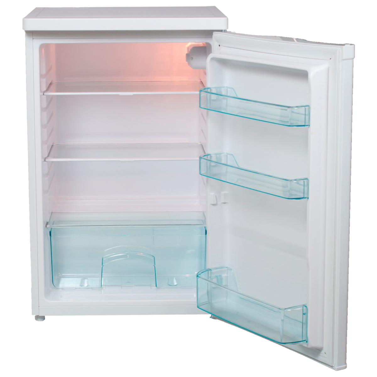 Un refrigerador blanco con la puerta abierta, mostrando estantes y compartimentos.