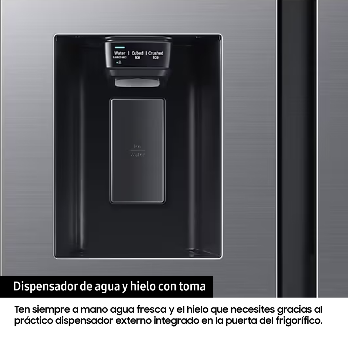 Puerta de refrigerador de acero inoxidable con dispensador de agua y hielo.