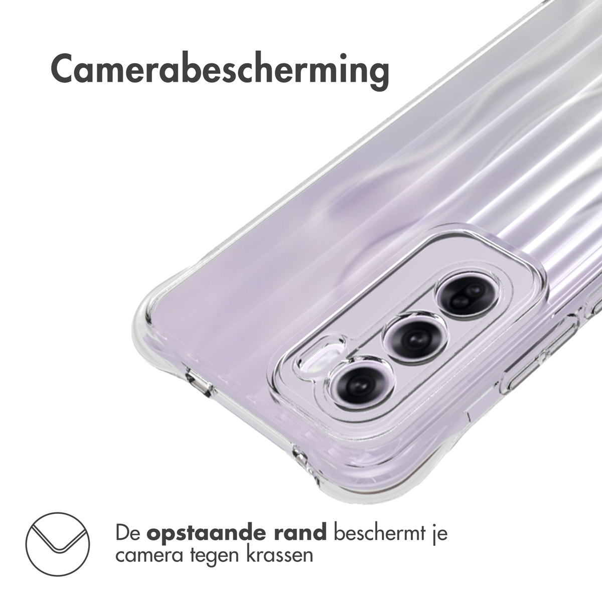 Un primo piano di una custodia per telefono. La custodia è trasparente con una protezione per la fotocamera. Il testo nero recita protezione della fotocamera.