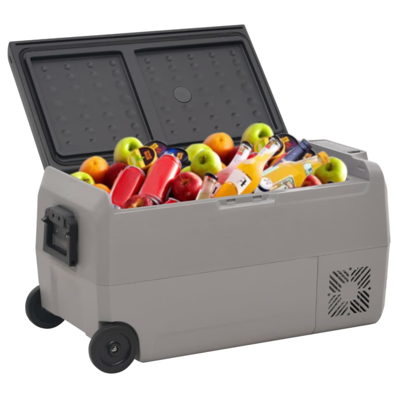 Eine graue Kühlbox gefüllt mit Obst, Getränken und Eis.