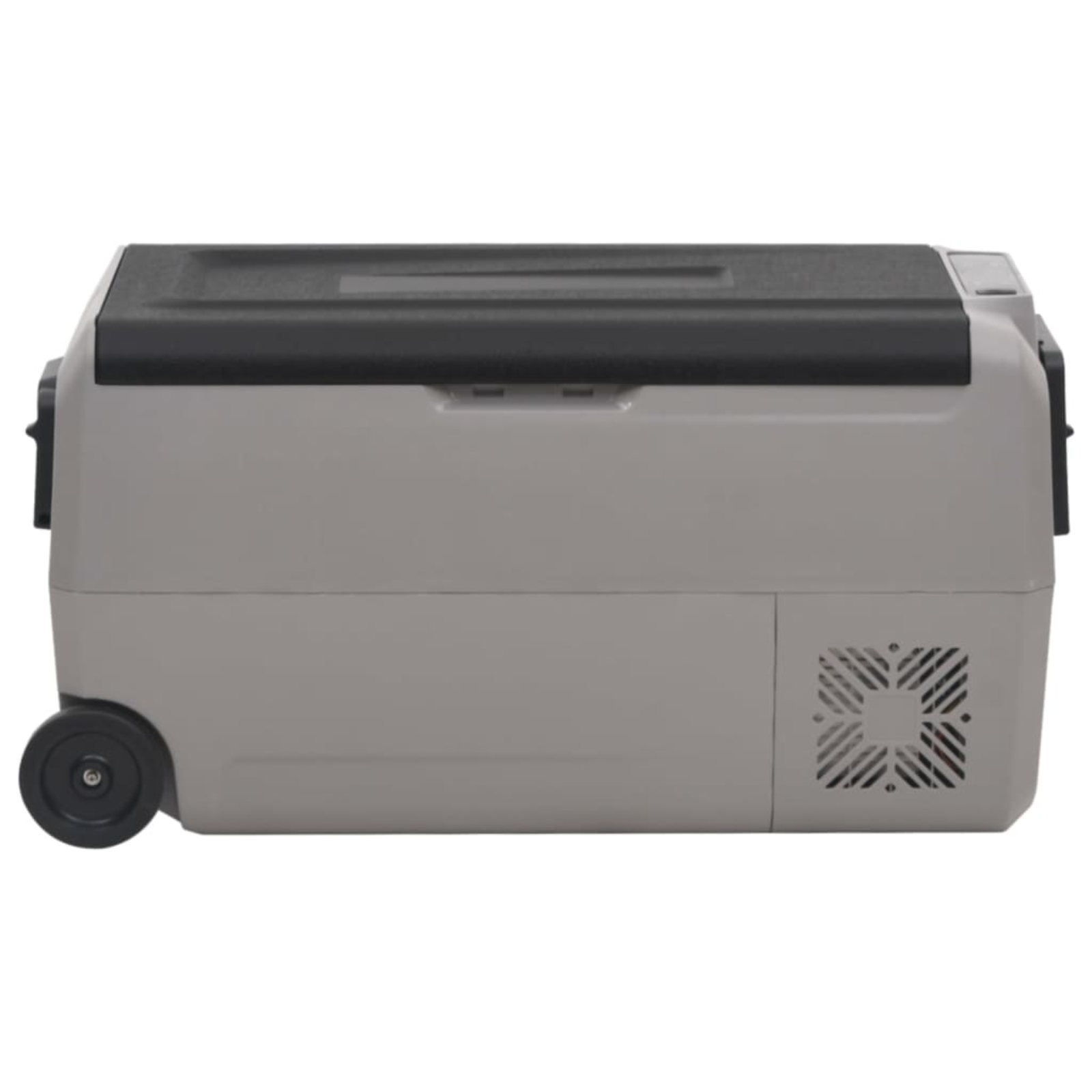 Eine graue tragbare Kühlbox mit Rädern und einem schwarzen Deckel. Seitenansicht vor weißem Hintergrund.
