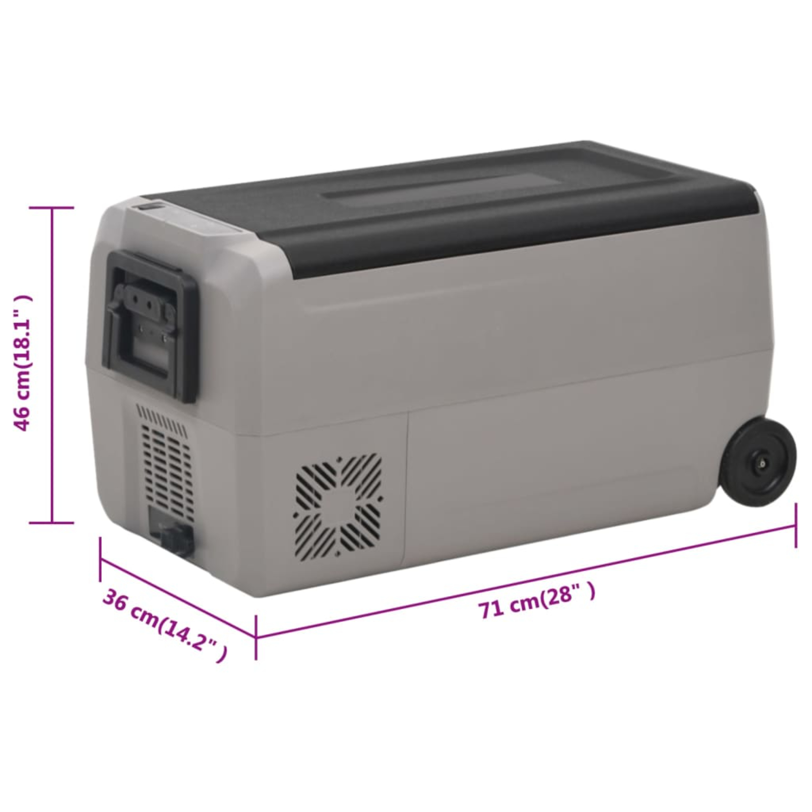 Eine graue Kühlbox mit Abmessungen. Schwarzer Deckel und Räder. Die Kühlbox ist rechteckig.