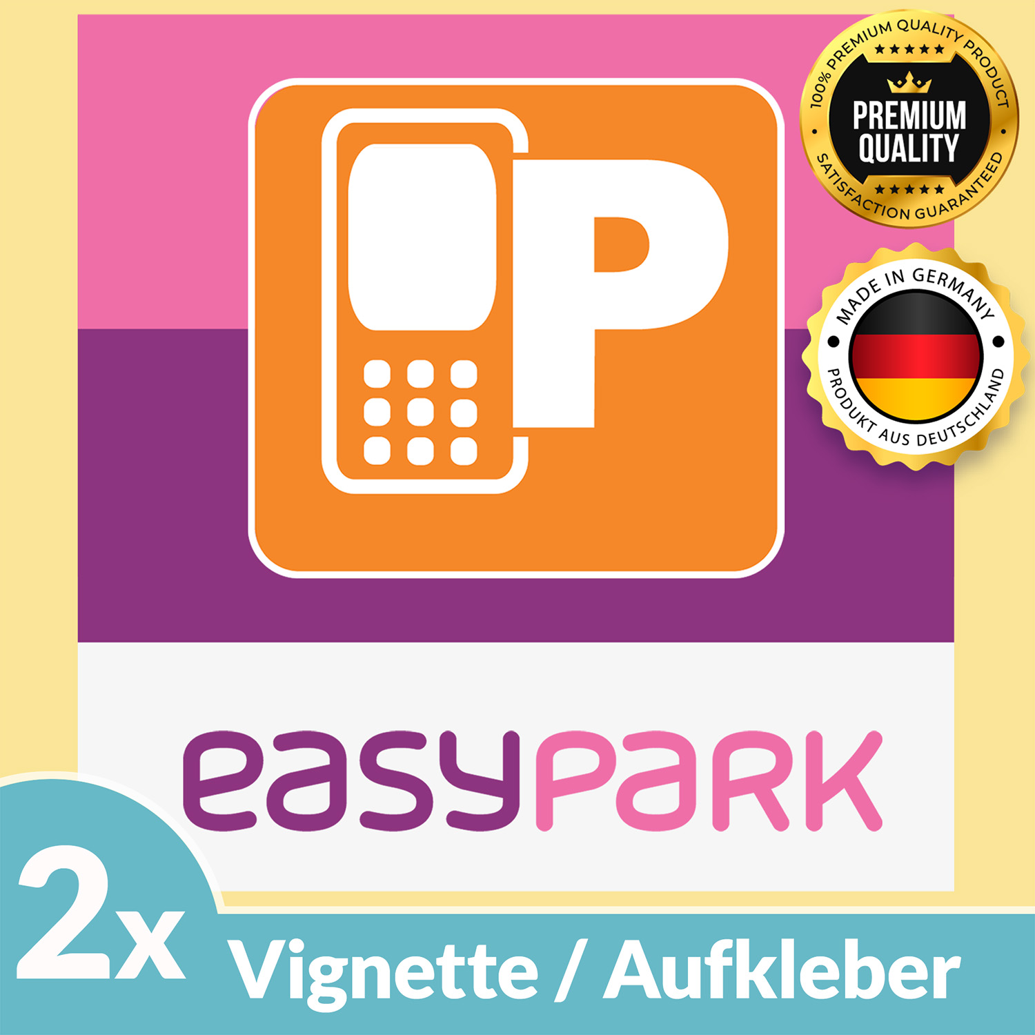 Ein orange-lila EasyPark-Aufkleber mit Text und einem Logo auf gelbem Hintergrund.