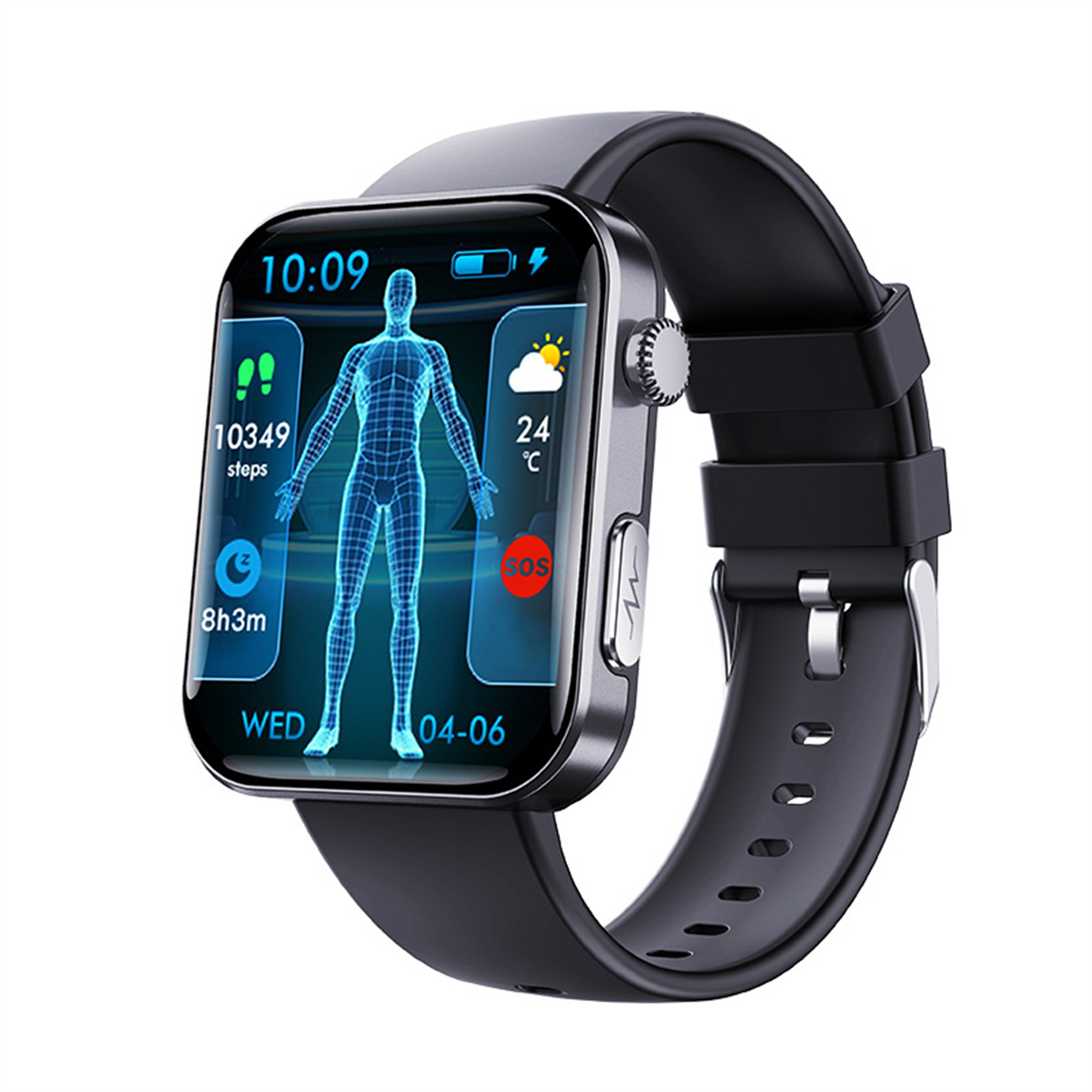 Eine schwarze Smartwatch, die Zeit, Körperstatistiken und Wetterinformationen anzeigt.