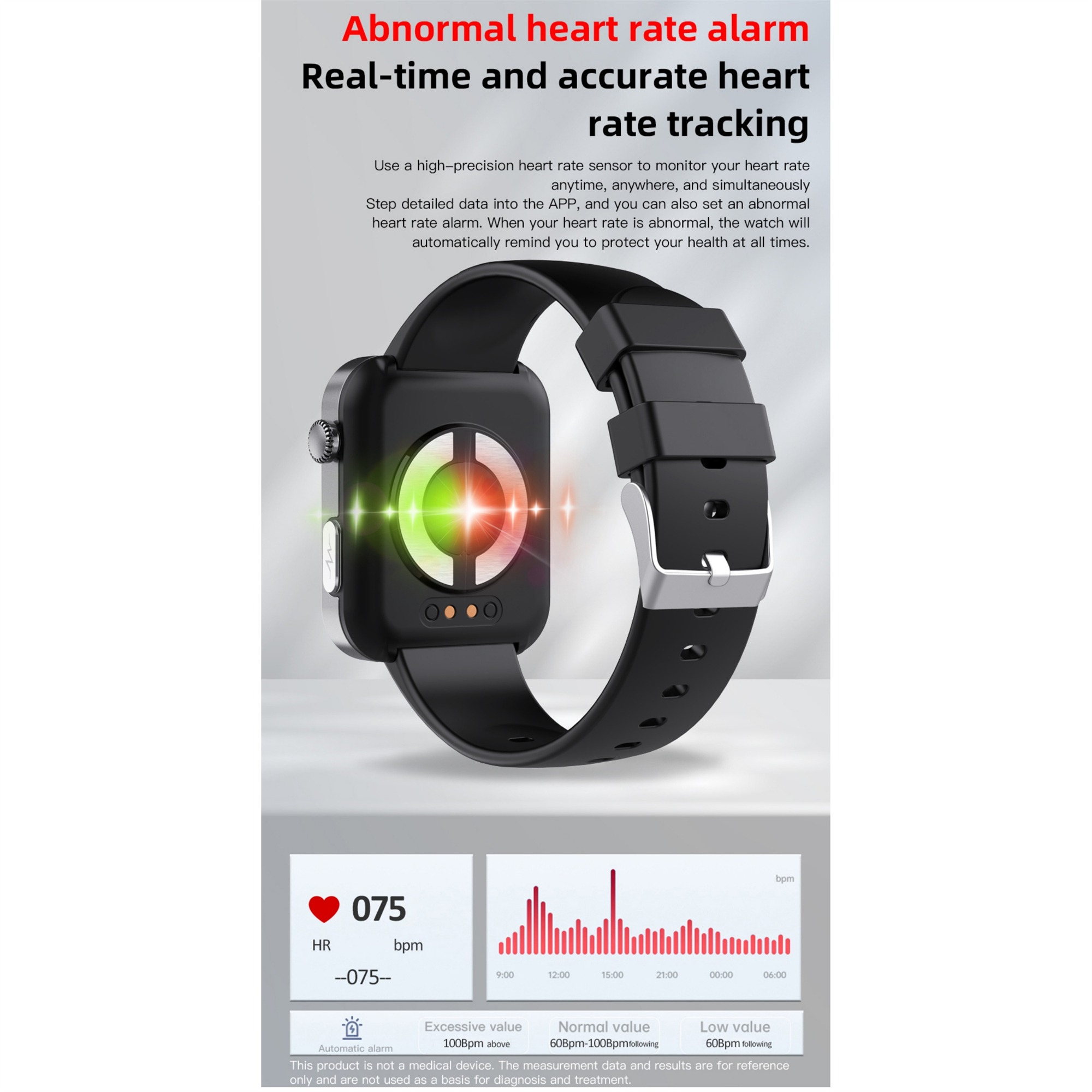 Smartwatch mit Herzfrequenz-Tracking-Daten und schwarzem Armband, mit Text und Grafiken.