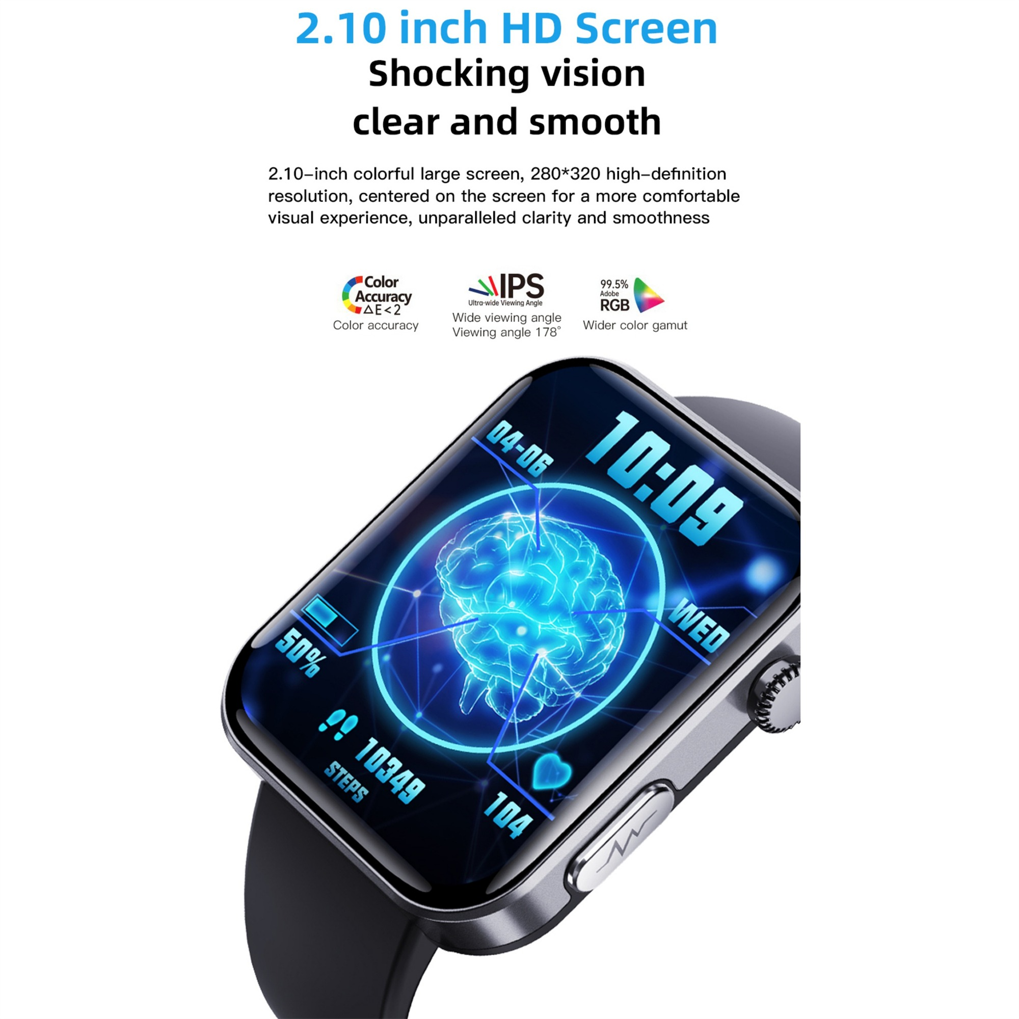 Smartwatch, das ein blaues Gehirn-Symbol auf dem Bildschirm zeigt. Zeigt Zeit, Schritte und Akkustand.