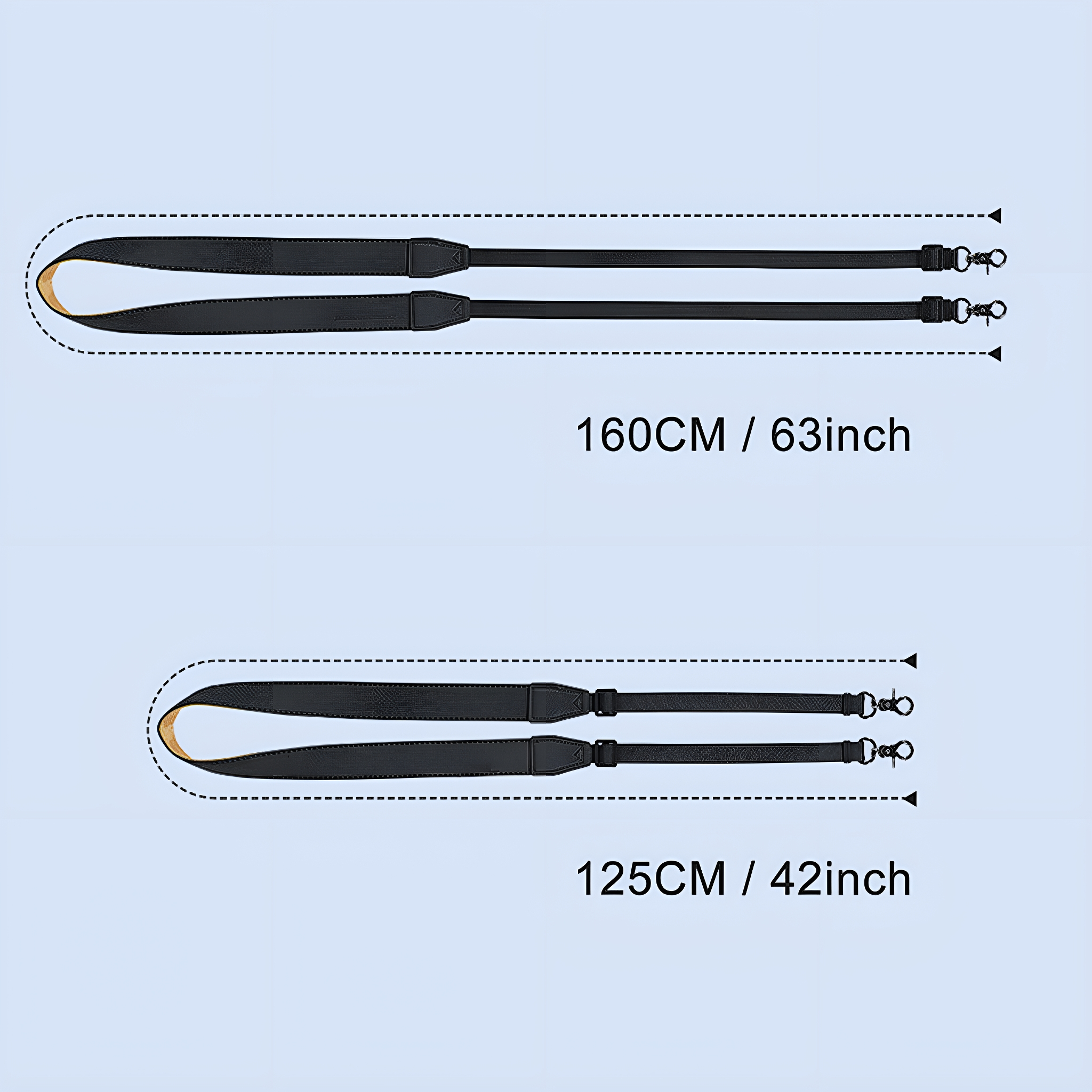 Zwei schwarze Kameragurte mit Maßen: 160 cm/63 Zoll und 125 cm/42 Zoll. Die Gurte sind vor blauem Hintergrund.