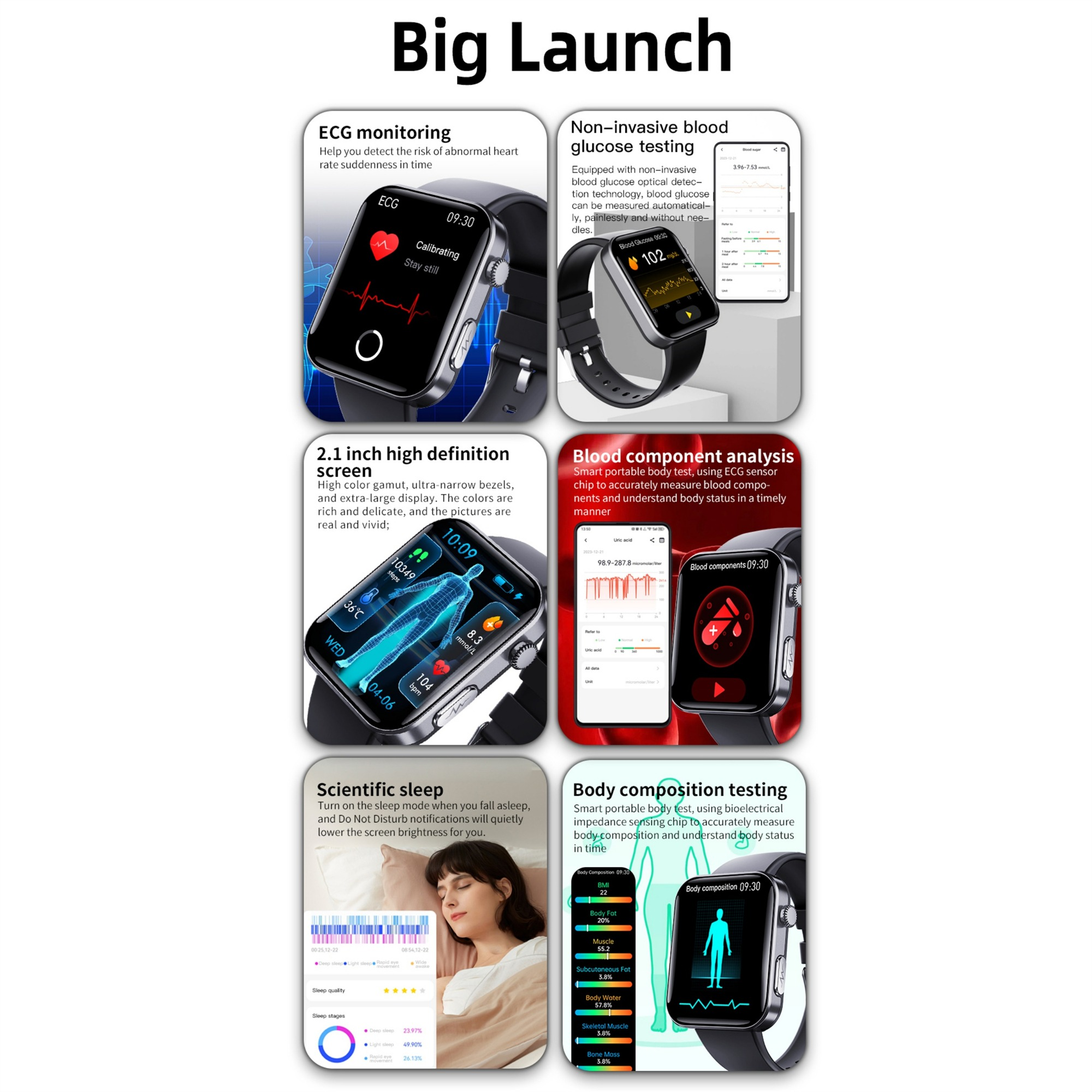 Smartwatch mit mehreren Bildschirmen, die Informationen über Gesundheitsfunktionen anzeigen.