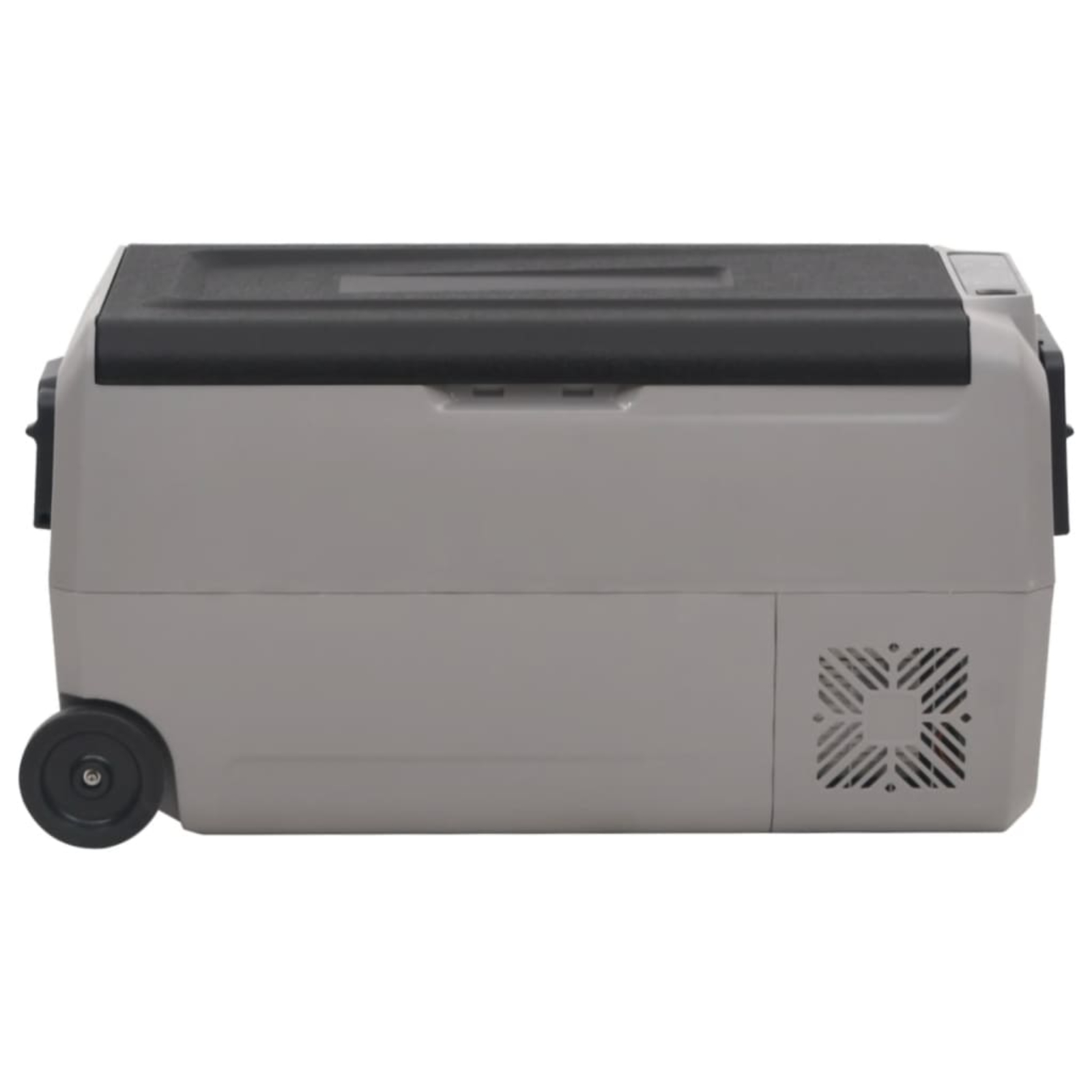 Eine graue tragbare Kühlbox mit Rädern, einem Griff und einem schwarzen Deckel. Luftauslass an der Seite.