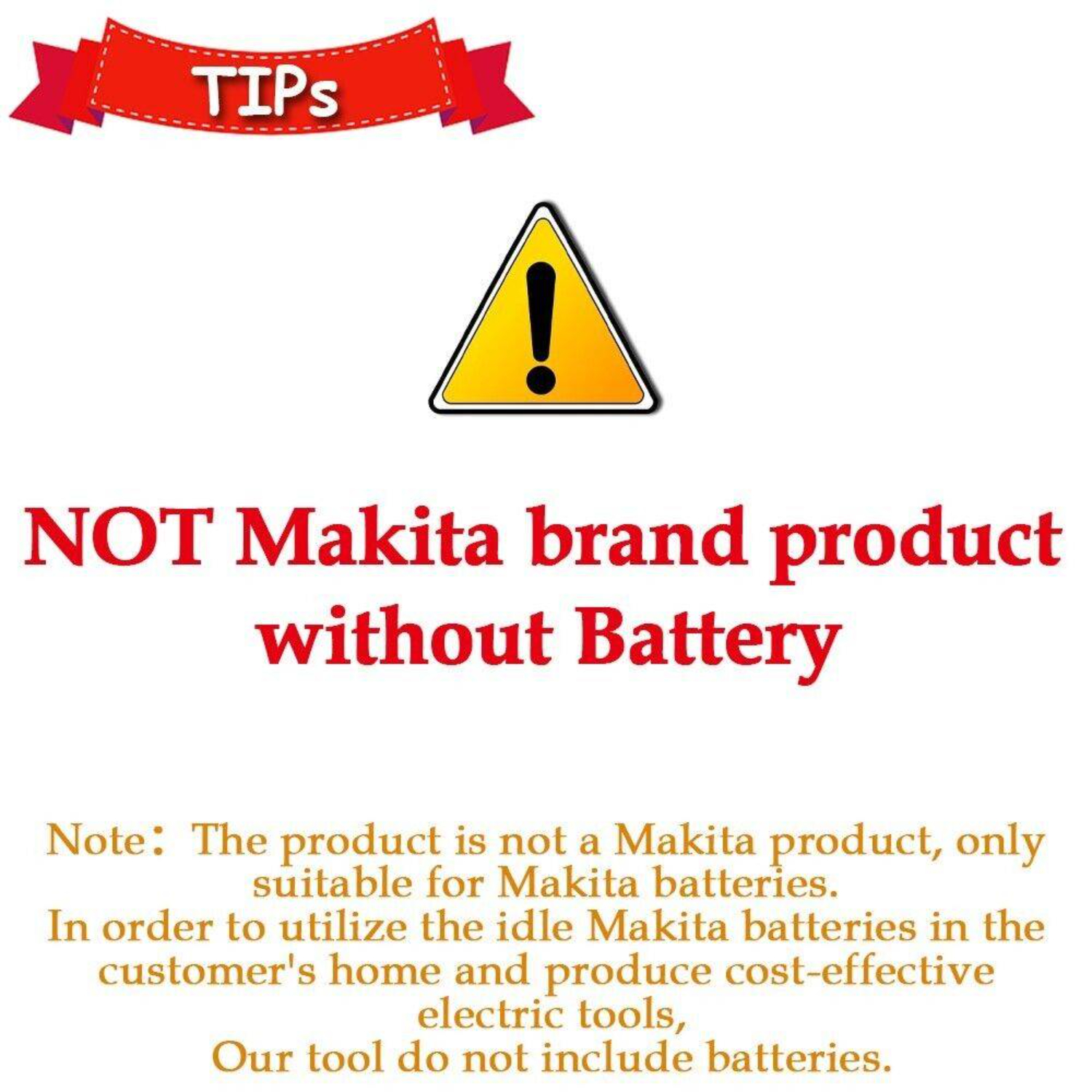 Warnschild mit Text: KEIN Makita-Produkt. Ein gelbes Dreieck mit Ausrufezeichen.