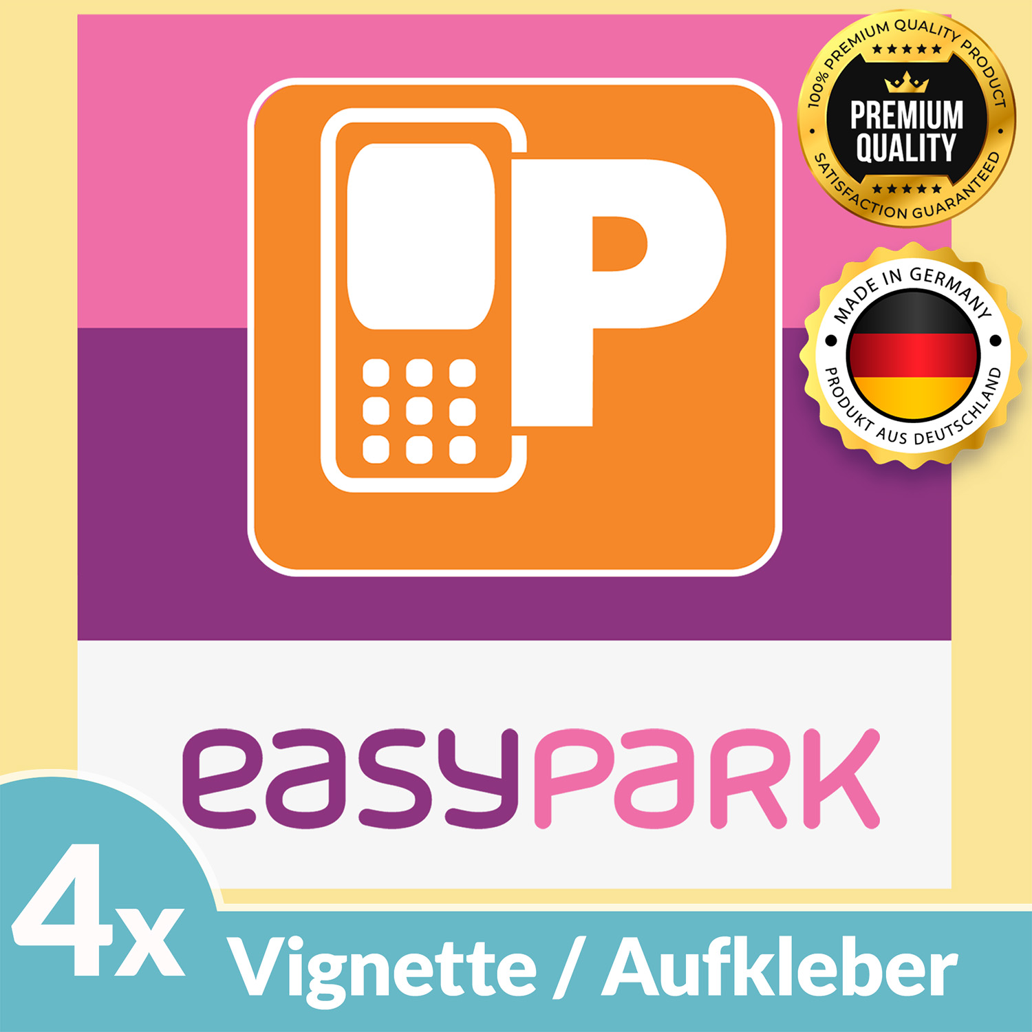 Oranger und violetter EasyPark-Aufkleber mit Telefon-Symbol, umgeben von Text und Logos.